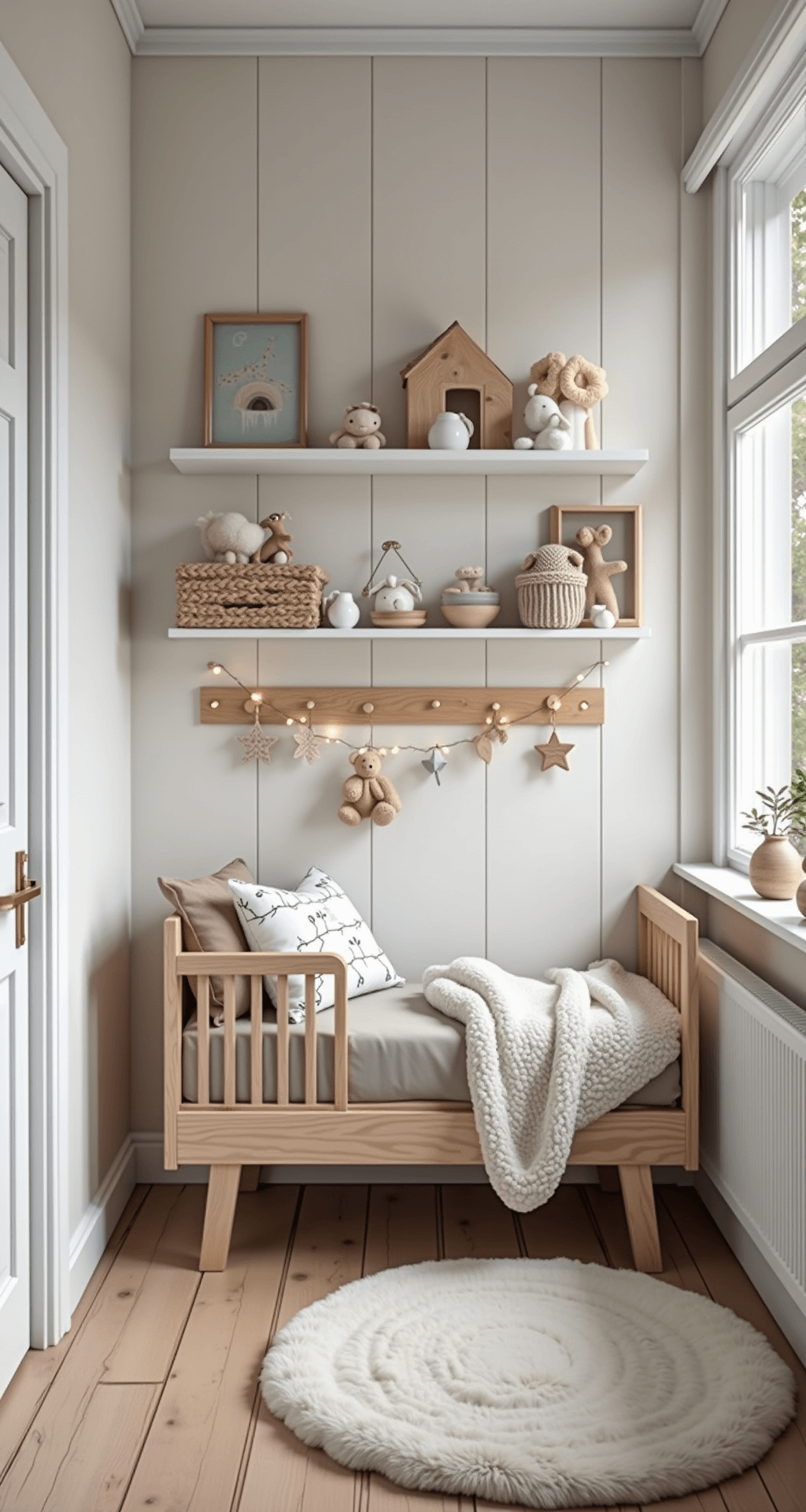 Een gezellige Scandinavische babykamer met een witgewassen houten vloer, drie asymmetrisch geplaatste huisvormige wandplanken gevuld met zachte knuffels, vintage kinderboeken en kleine led-lampjes, en een berken schommelwieg eronder, gefotografeerd vanuit de deuropening met zacht middaglicht door de vitrage.