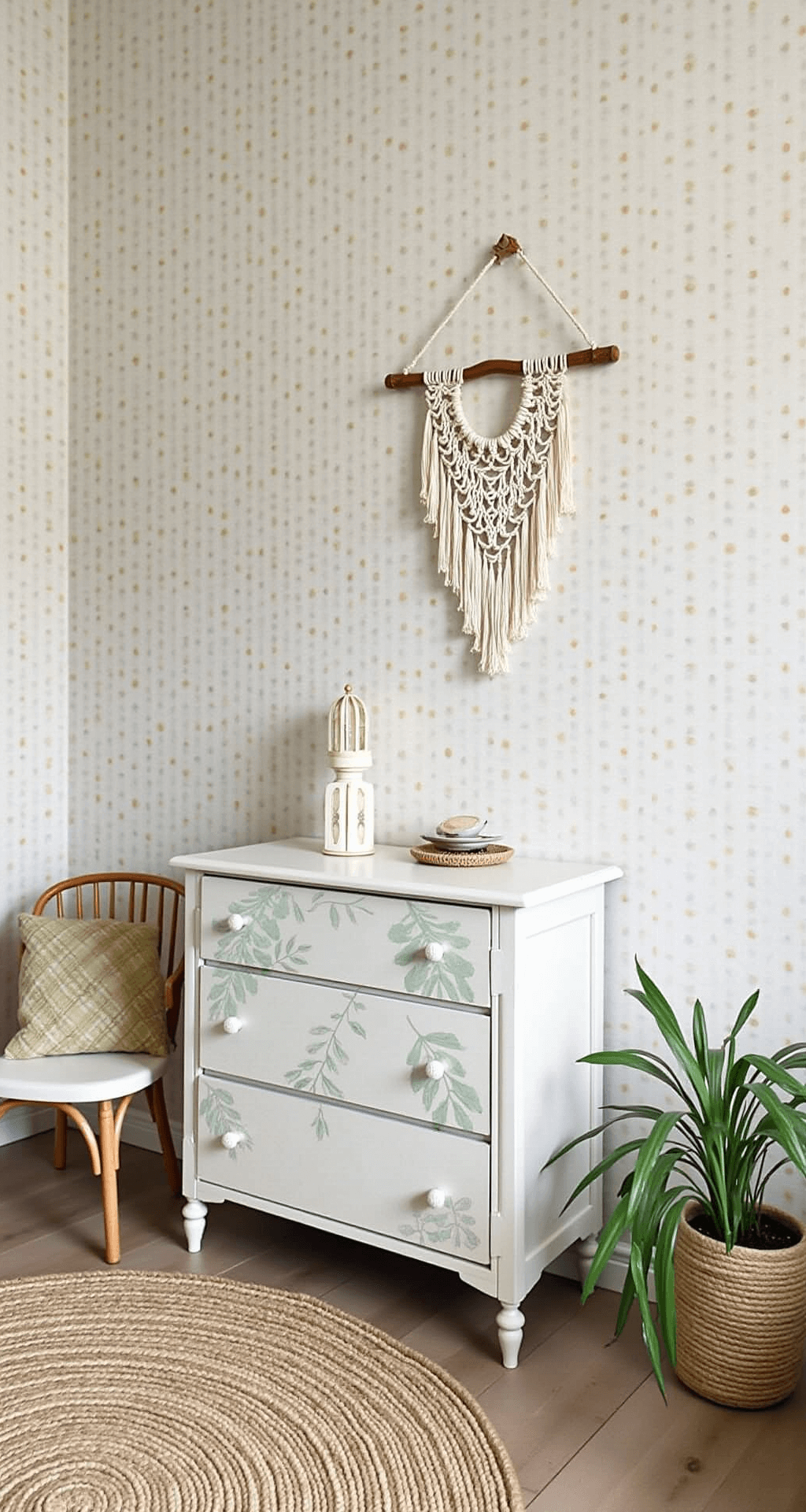 Kinderkamer met mansardedak, rotan wandrek vol mandjes en botanical prints, vintage commode in vergrijsd mint, macramé wandhanger, gefotografeerd vanuit vloerniveau met natuurlijk licht en warme accentverlichting.