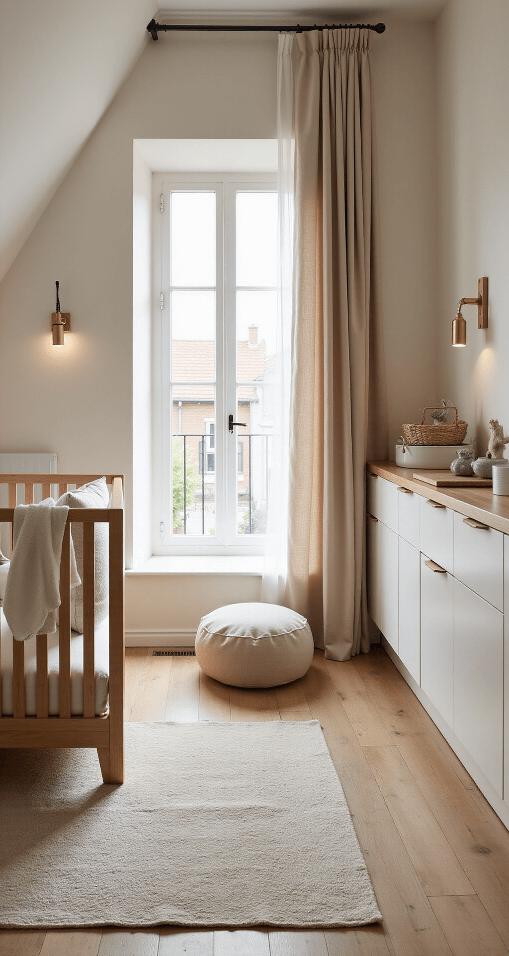 Zicht op een ruime vierkante babykamer met crèmewitte muren, een licht eikenhouten vloer, en een beige spijlenwieg met linnen hemeltje, verlicht door natuurlijk ochtendlicht dat door hoge ramen valt, met een rotan schommelstoel en handgeweven wollen tapijt in zandtinten.