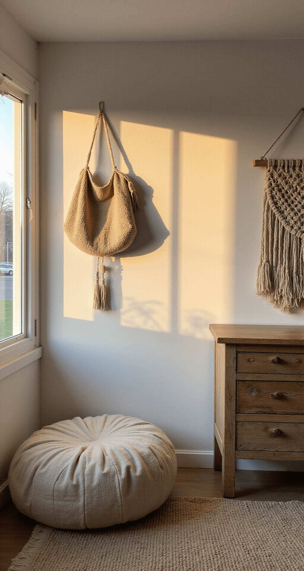 Intieme hoek van een babykamer bij zonsondergang met een beige fluwelen stoel, rustiek houten tafeltje, macramé wandhanger, en natuurlijke materialen zoals jute en katoen, verlicht door zacht gouden licht.