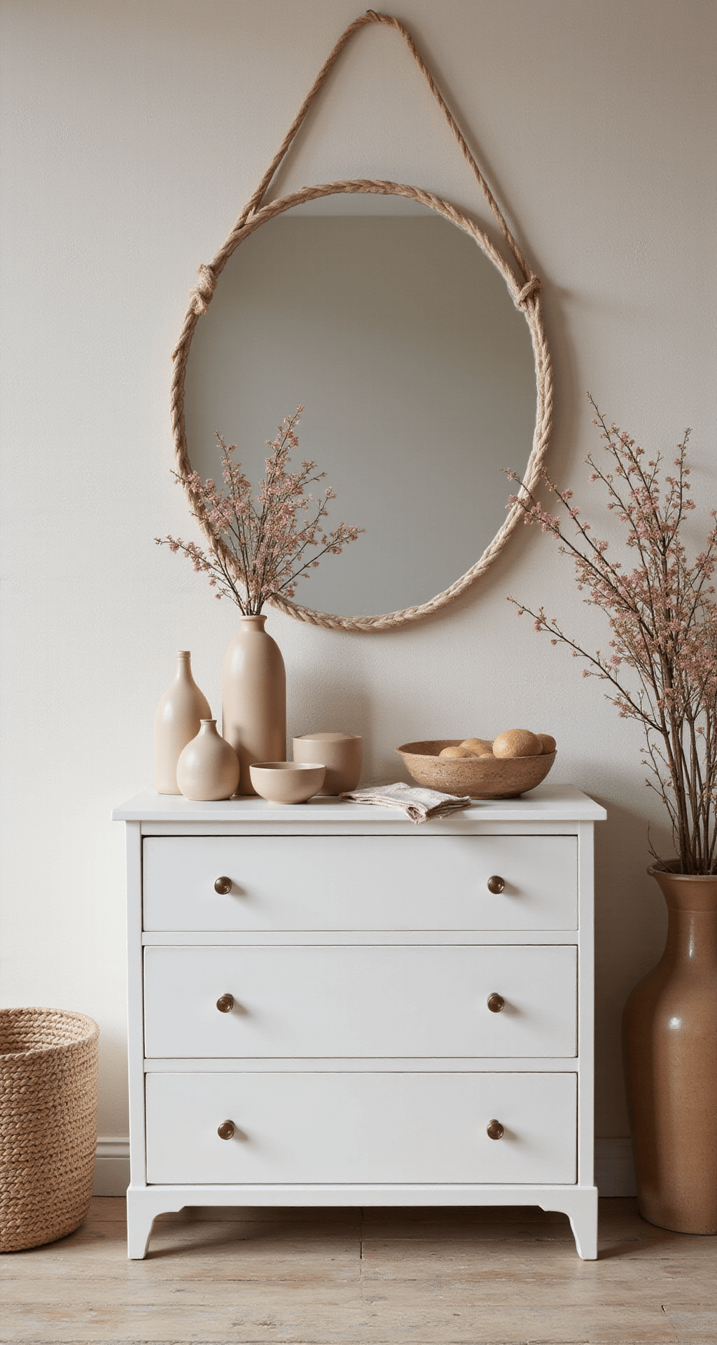 Panoramisch overzicht van een stijlvolle commode-hoek in ochtendlicht, met een witte houten commode, rieten mandjes, een bamboe-rond spiegel, zachte muurstickers en een verzameling glazen vaasjes met gedroogde bloemen.