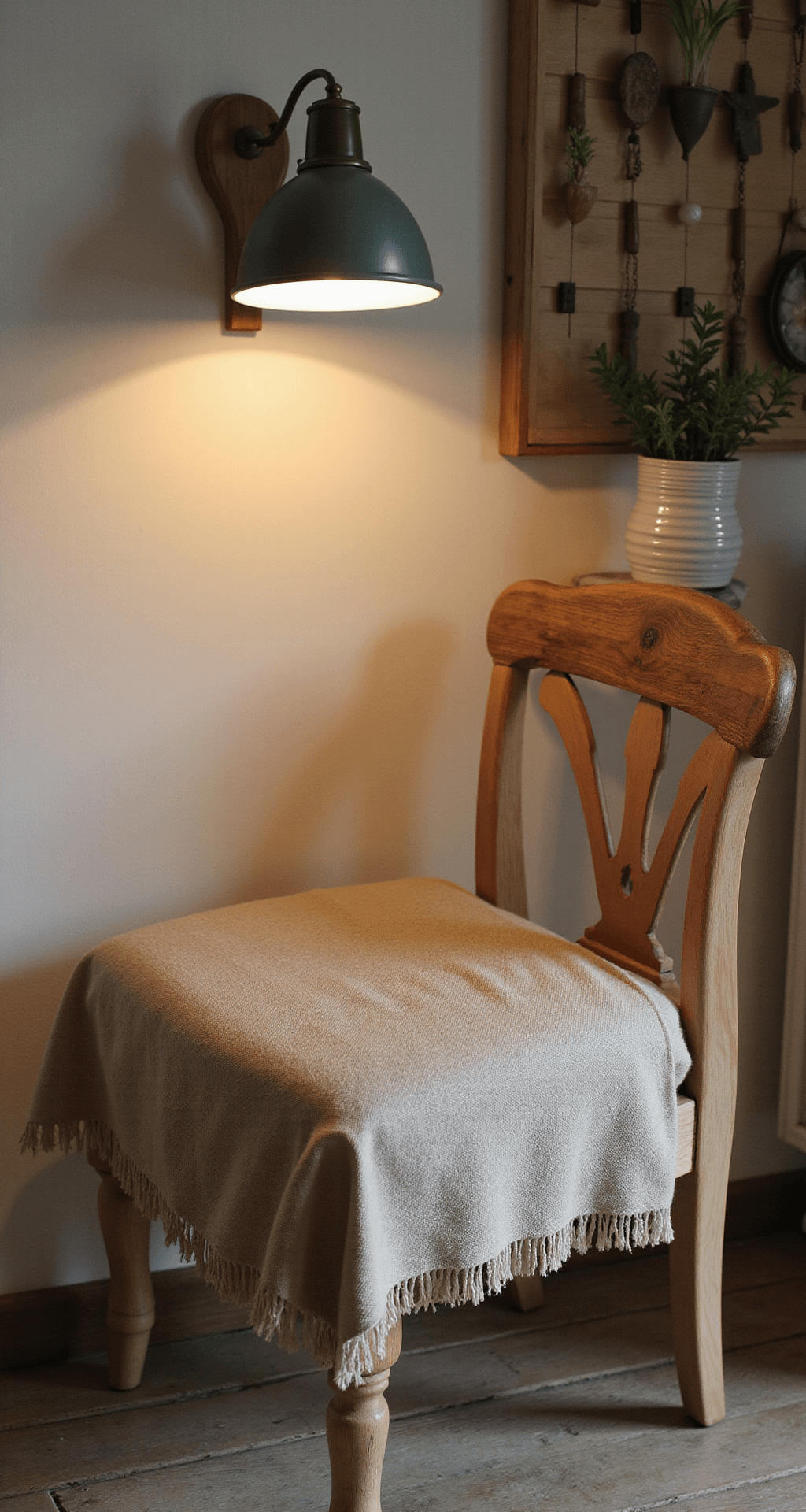 Sfeervolle avondopname van een leeshoekje met een vintage lamp, een beige leunstoel met een handgebreid plaid, prentenboeken op een wandplank en glanzende messingdetails.