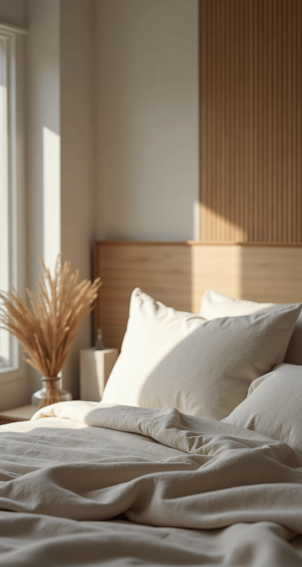 Close-up van een bedje in de ochtendzon met luxe beige bedlinnen en een gehaakte deken in neutrale tinten. Boven het bed hangt een houten mobiel met natuurlijke elementen. Zacht licht valt door kanten gordijnen en creëert poëtische schaduwen, met een focus op stoffen en texturen.