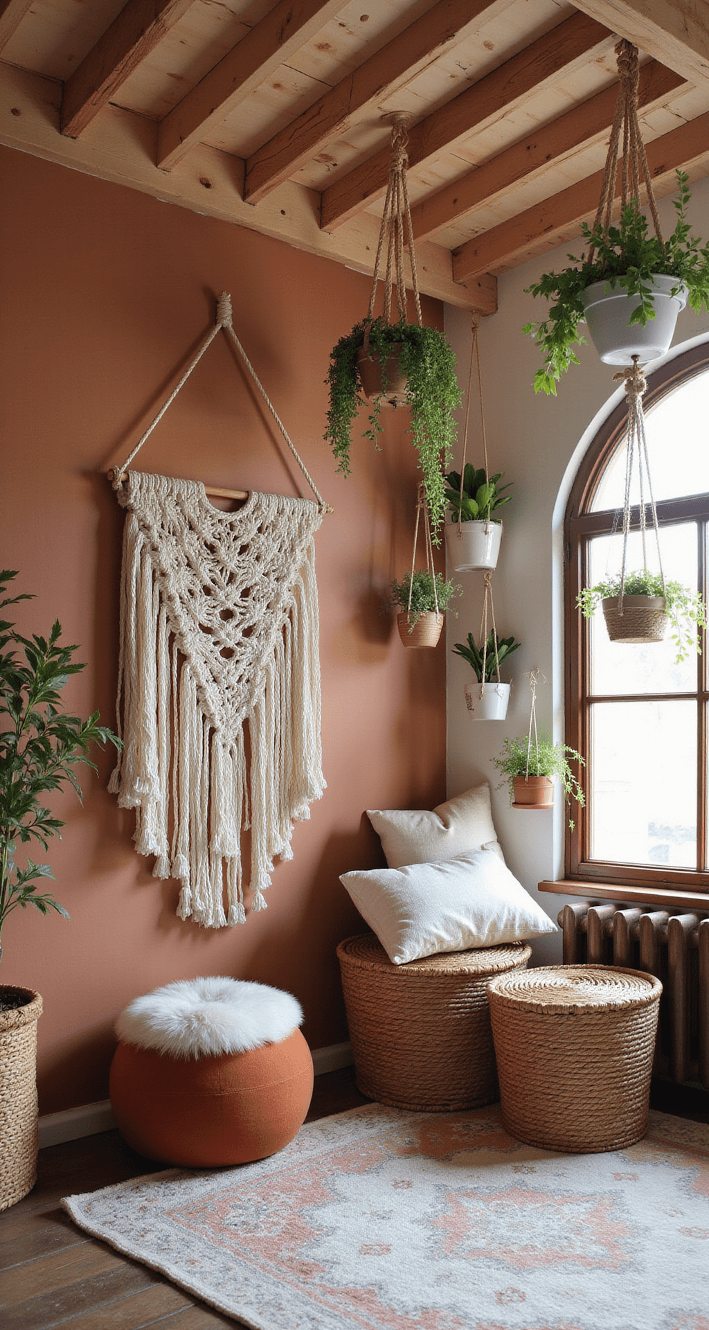 Bohemian kinderkamer met hoog plafond, vol ochtendzon en macramé wandkleed; vintage houten ledikant met linnen hemeltje, rotan schommelstoel met schapenvacht, terracottakleurige muren en aardetinten tapijten, voorzien van hangplanten in macramé hangers.