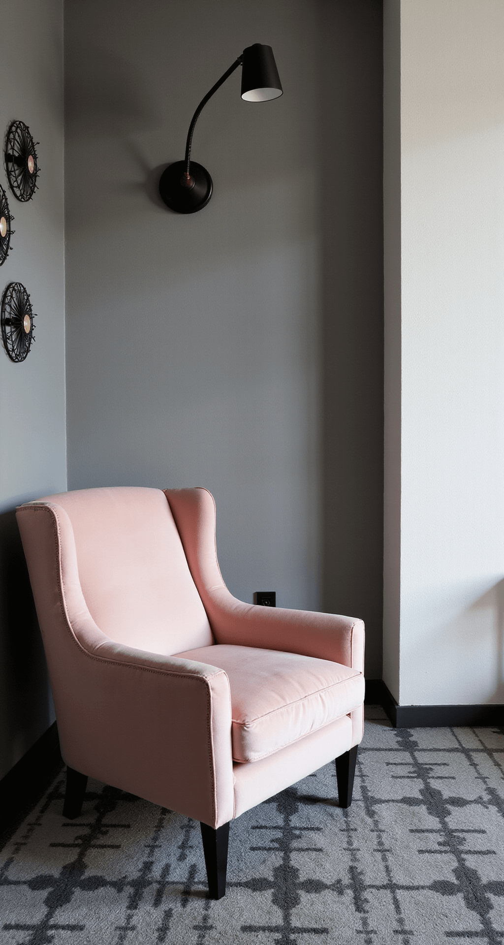 Moderne meidenkamer met grijze betonlook muren, zwarte geometrische wanddecoratie, wit ledikant met zwarte spijlen, matzwarte wandlampen, een zachtroze velvet fauteuil en een monochroom vloerkleed met grafisch patroon, baadt in het middaglicht.