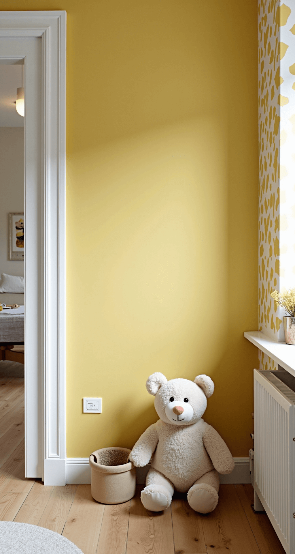 Speelse kinderkamer met gele accentmuur, regenboog muursticker en wit ledikant. Decoraties omvatten kleurrijke mobile, gebreide poefs, zachte kussens en een pluche speelkleed. Open opbergsysteem met rieten manden en een vrolijke, uitnodigende sfeer.