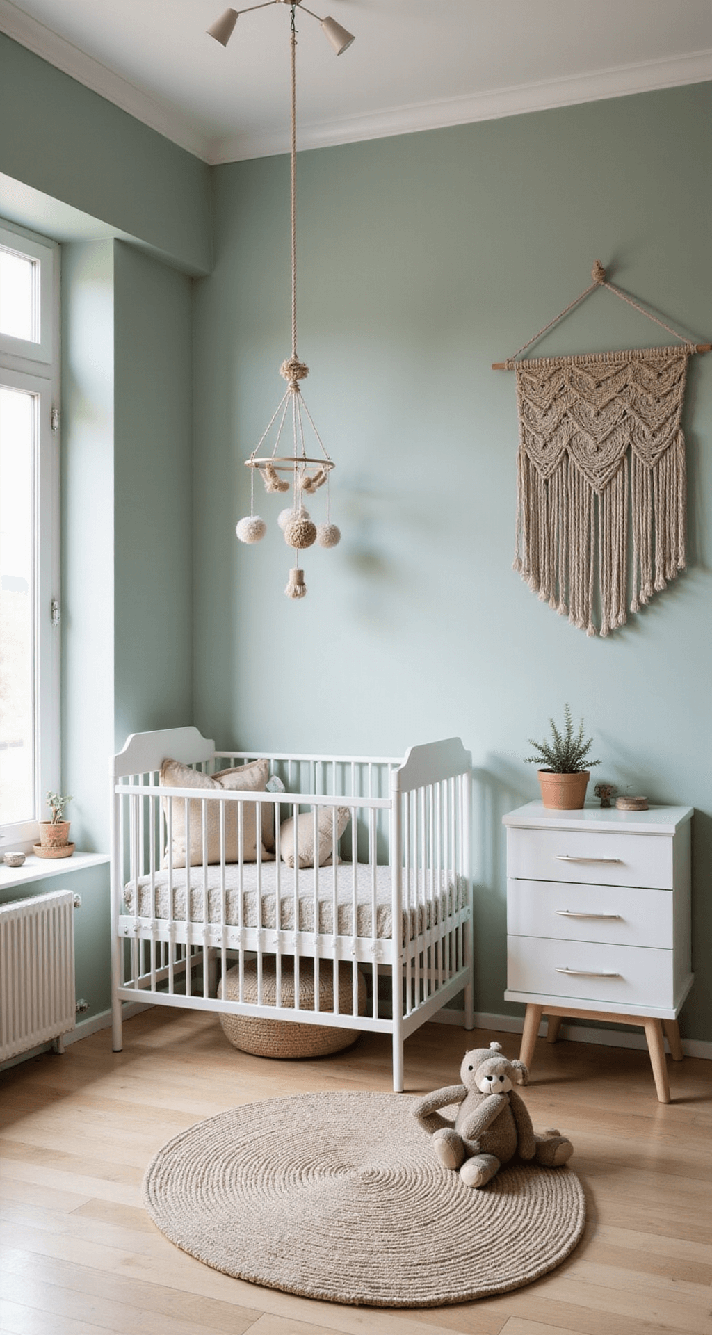 Intieme zolderbabykamer met schuin dak, verlicht door ochtendlicht en een dakraam, met een wit IKEA babybedje, lichtgrijze commode, beige vloerbedekking en handgemaakte macramé mobile.