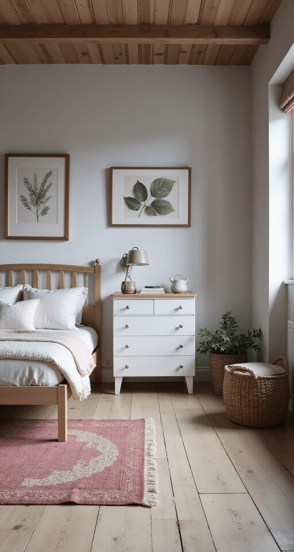 Ruime zolderkamer met dakkapellen, wit spijlenbedje, naturelle houten commode en verschoontafel, zachte pastelkleuren, juten vloerkleed, linnen gordijnen, wandrek met rieten mandjes en botanical prints, schommelstoel bij raam, warme en organische sfeer in tegenlicht.