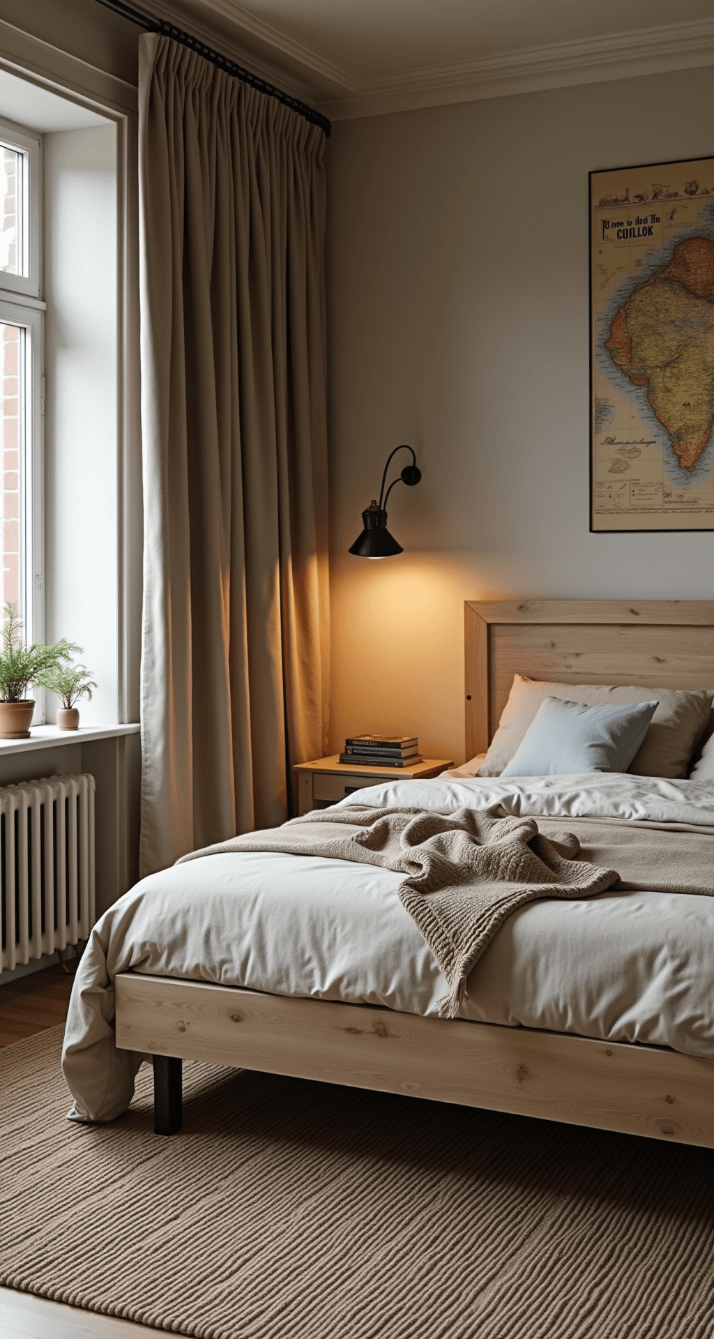 Een knus dakvertrek met een groot dakvenster, sfeervol verlicht met warme leds. Het donkergrijze metalen ledikantje staat centraal, omringd door een witte ladekast, safariprint behang op de accentwand, en zandbeige muren. Gevlochten opbergmanden en een houten speelgoedrek maken het af, terwijl een wollige schapenvacht en een linnen hemeltje boven het bed zorgen voor een avontuurlijke en geborgen sfeer. Een vintage wereldkaart poster siert de wand, met een dramatisch avondlicht dat door het dakraam naar binnen valt.