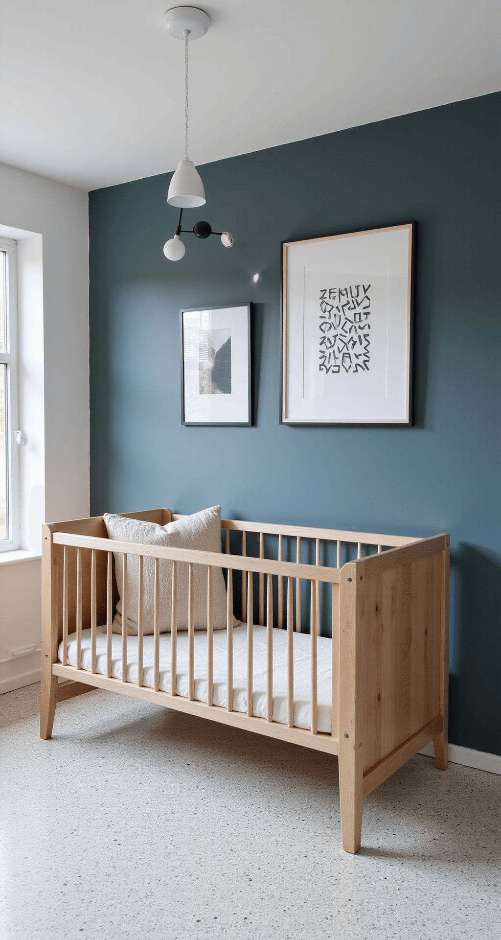 Moderne zolderkamer met dakkapel, Scandinavisch design babybed, geometrische wandplanken, terrazzo vloer en minimalistische decoratie in frisse ochtendlicht.