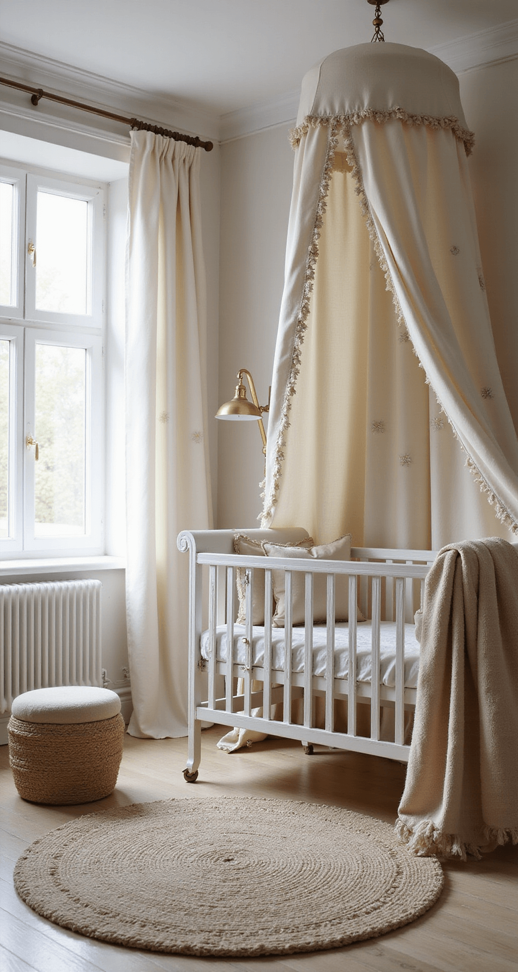 Klassieke babykamer met Franse ijzeren wieg, crèmekleurige linnenkast en antieke schommelstoel, verlicht door gefilterd middaglicht, met tijdloos en romantisch interieur.