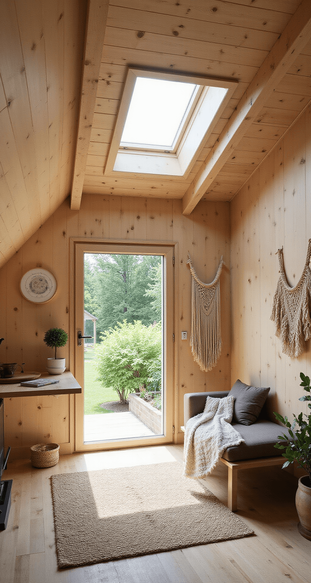 Eco-bewuste zolderkamer met bamboe dakbeschot, Velux ramen voor natuurlijk daglicht, handgemaakt houten ledikantje, modulaire opbergsystemen van gerecycled hout, kurken vloer, aardetinten kalkverf, macramé wandhangers en houten speelboog met biologische knuffels.