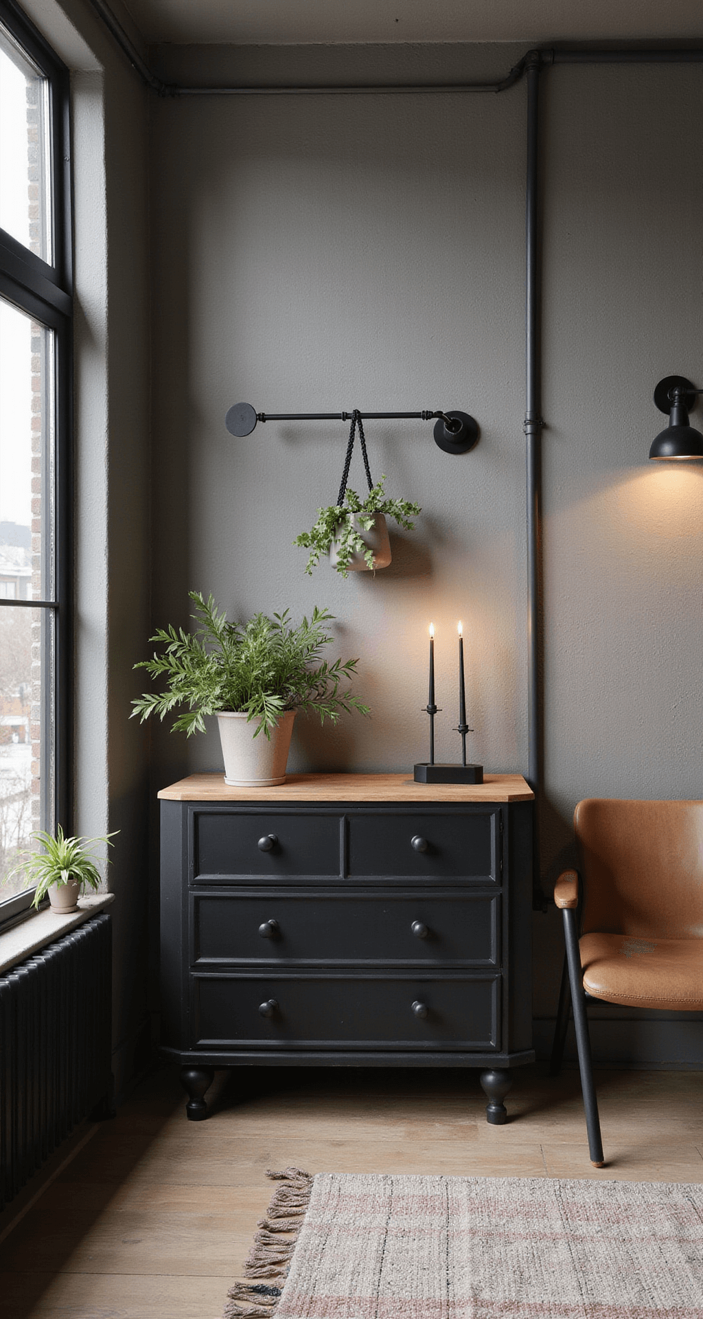 Moderne babykamer met industrieel dakraam, zwart metalen ledikant, betonlook commode en gietvloer. Warmgrijze muren met geometrische muurschildering, zwarte railspots en metalen wandrek met planthangers. Schapenvachtstoel en dramatisch perspectief langs schuine wand in urban en sophisticated sfeer.