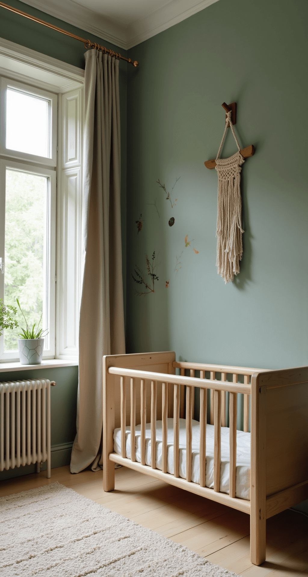 Ruime, lichte babykamer met saliegroene muren, een modern houten ledikant, handgeweven vloerkleed, vintage schommelstoel en botanische muurstickers, verlicht door natuurlijk licht en zachte LED spots.