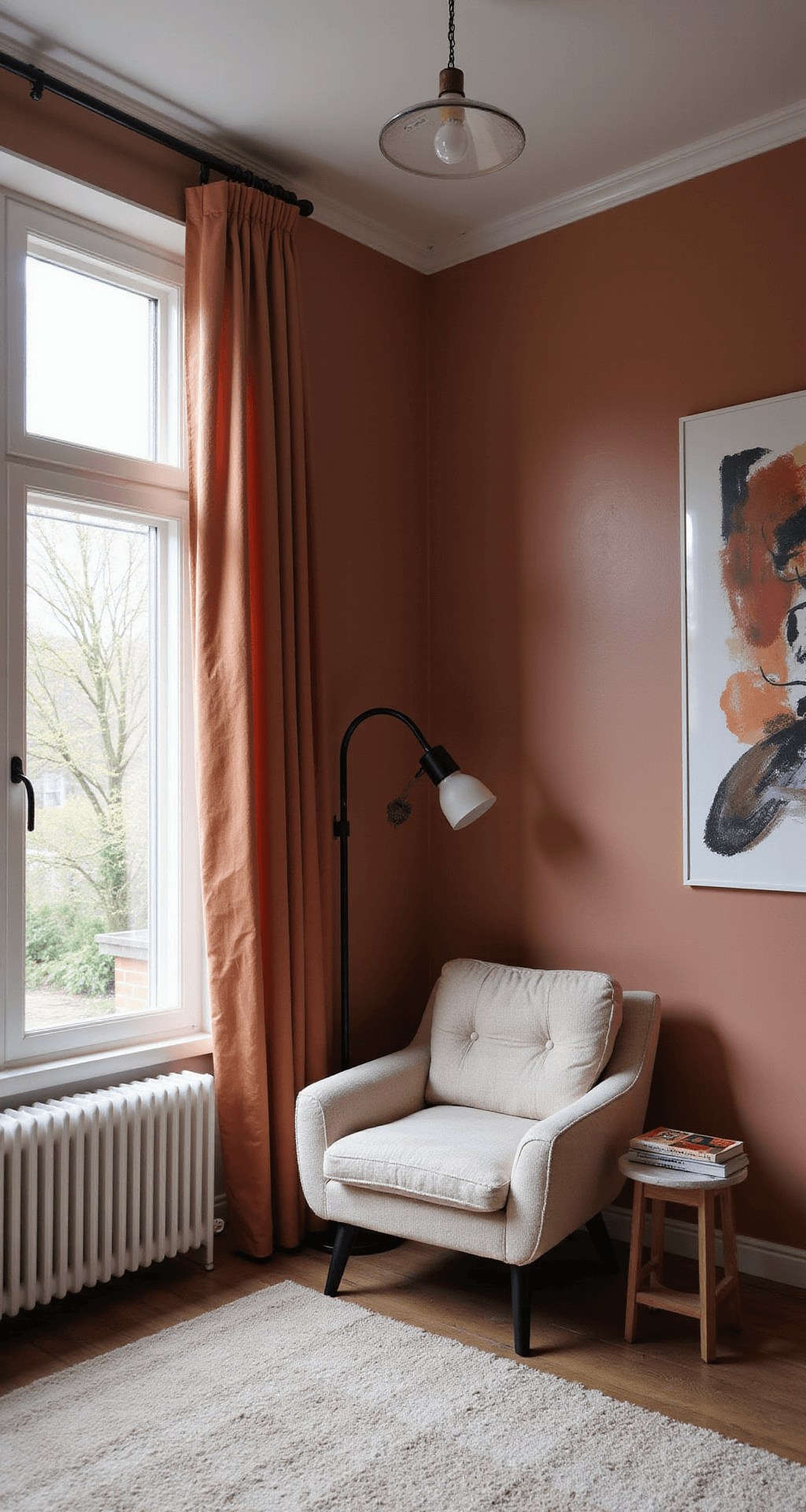 Moderne babykamer met hoofdmuur in oudroze en warmwitte muren, Scandinavisch design ledikant, fauteuil in bouclé stof, zwarte metalen accessoires, abstracte muurschildering en velvet vloerkleden. Laag standpunt met strijklicht accentueert texturen in speelhoek.