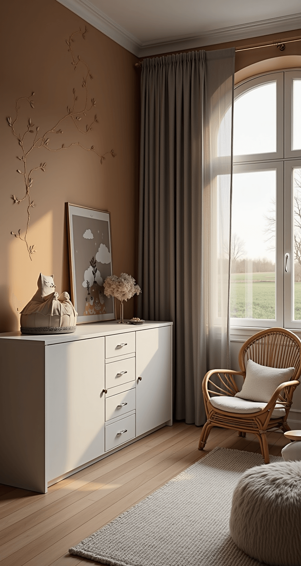 Ruimtelijke babykamer bij zonsondergang met zachte aardetinten, een contrasterende muur in warm wit, een design commode met gouden details, organische decoraties en natuurlijke materialen, zoals linnen bedtextiel en een juten vloerkleed, vastgelegd vanuit de deuropening met dramatische schaduwen in het warme avondlicht.