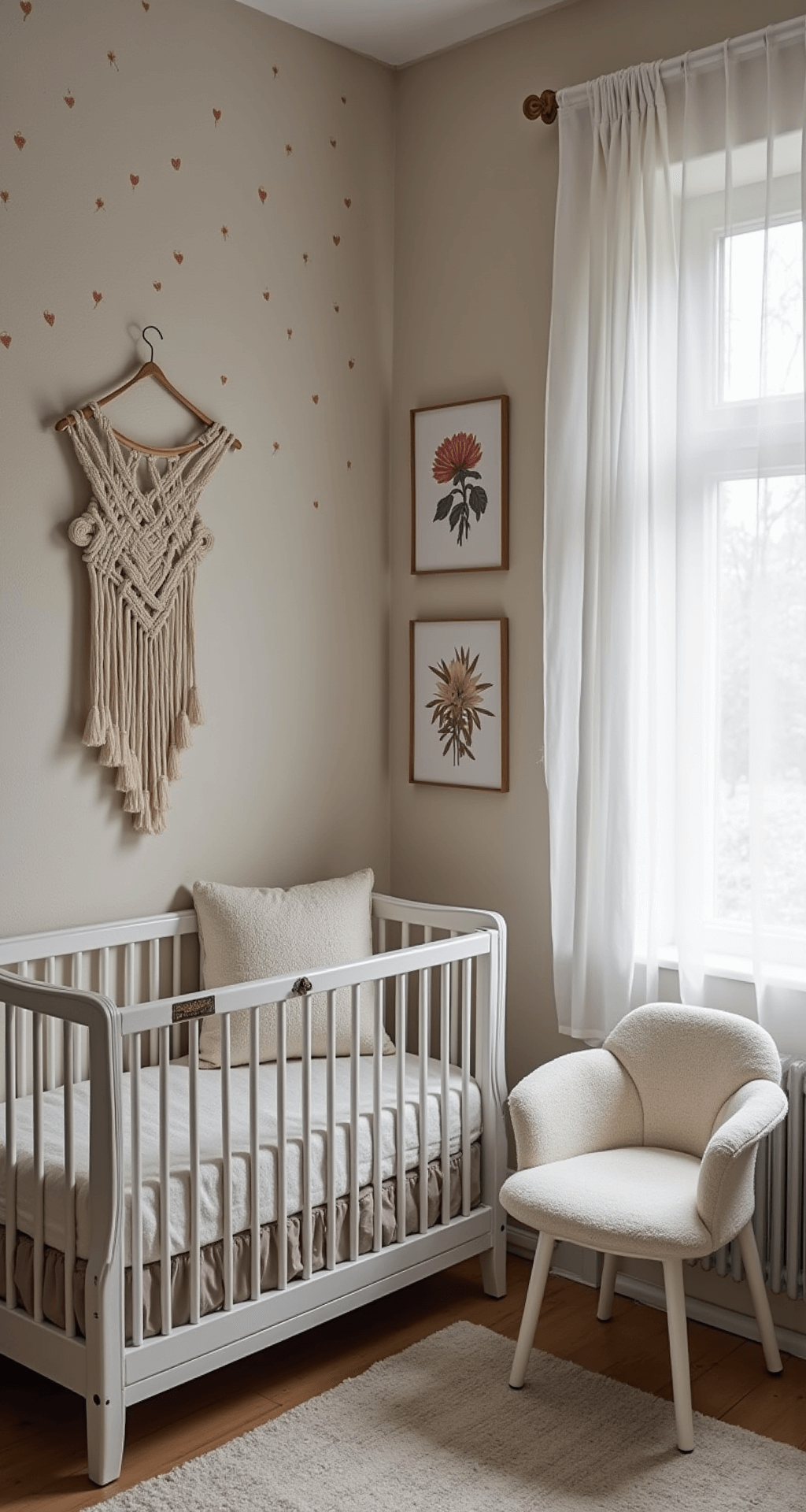 Intiem close-up van een knusse babykamer in ochtendgloren, met lavendelgrijze muren en handgeschilderde wolkjes. Een vintage metalen ledikant staat naast een zachte schapenvacht, terwijl macramé wanddecoratie de ruimte siert. Een antieke kinderstoel en een geweven mand versterken de charme, met botanische prints op de muren. Diffuus natuurlijk licht verlicht de slaaphoek.