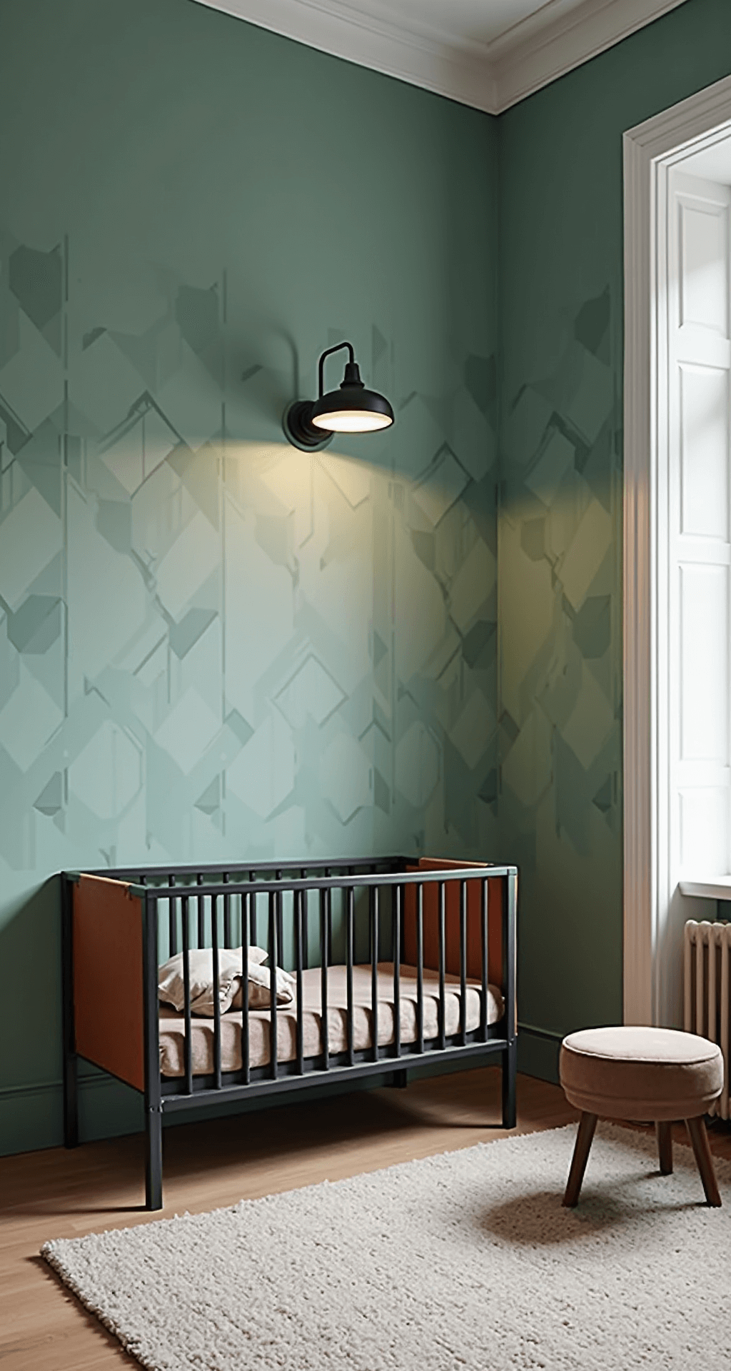 Moderne babykamer van 4.5x4m met mintgroene muren en geometrische patronen, zwart metalen ledikant, cognac leren designstoel, zwevende planken, grafische muurstickers, velvet gordijnen en industriële verlichting, gefotografeerd in strijklicht voor een accent op de texturen.