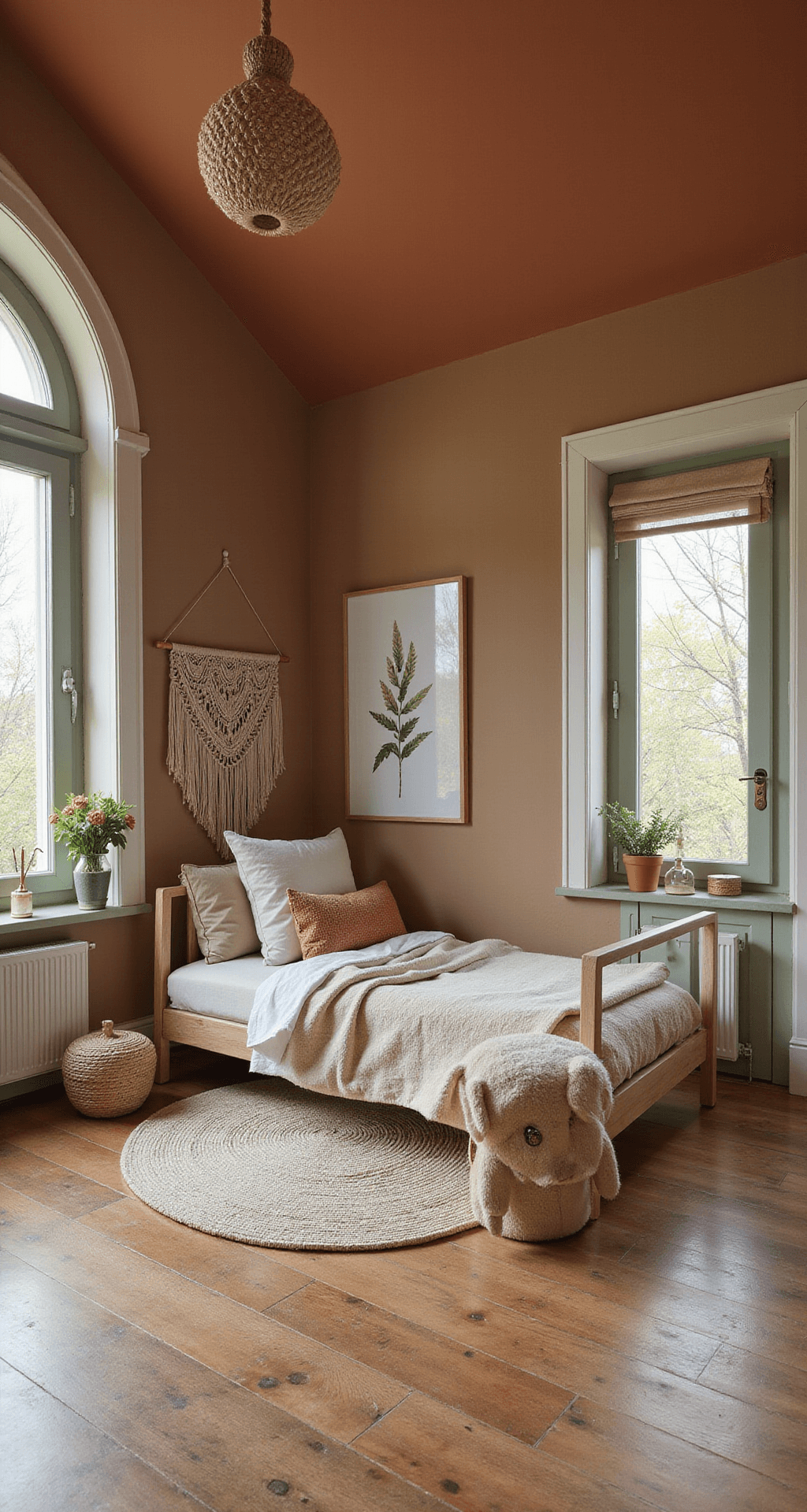 Ruime, vierkante babykamer met hoge plafonds in zachte ochtendzon, roestbruine en roomwitte muren, naturel houten ledikant met geweven hemeltje, rieten schommelstoel en linnen gordijnen, zeegras vloerkleed in natuurtinten, botanische prints, gedroogde pampasgrassen in terracotta vazen, en macramé wandhanger.