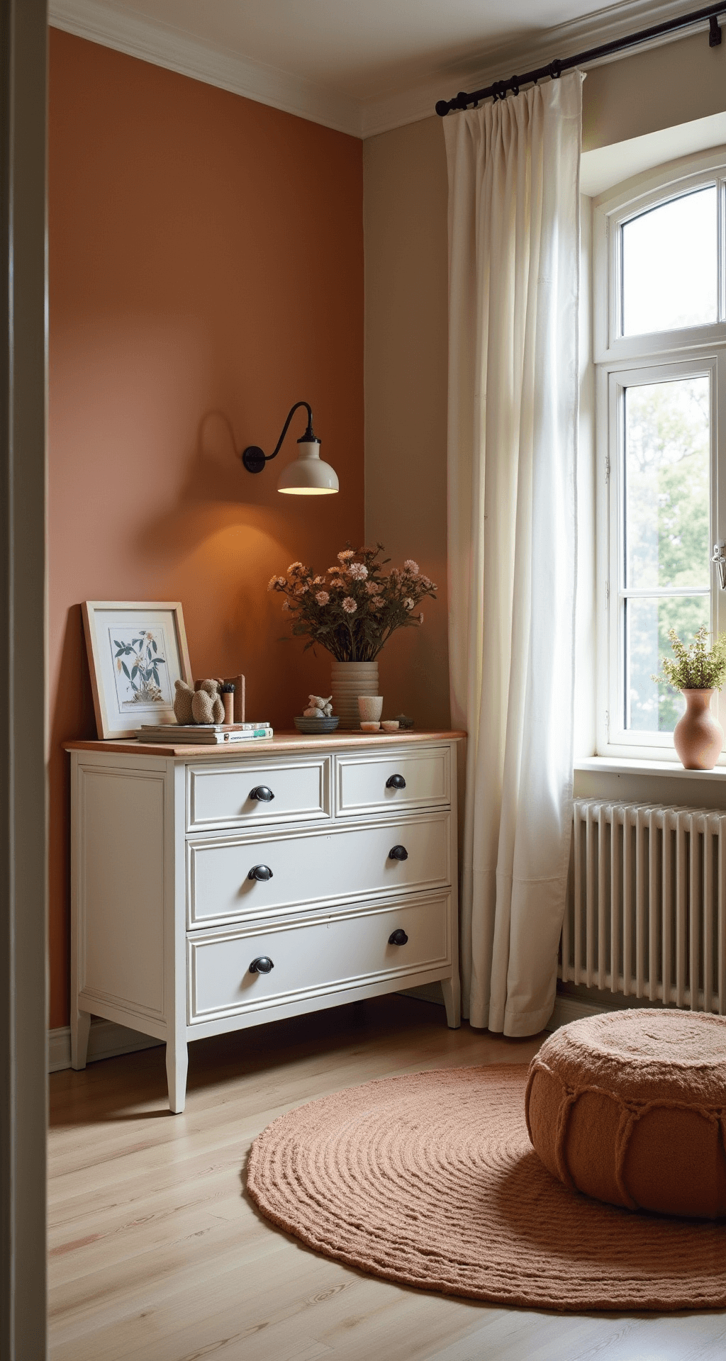 Intieme babykamer met roestbruine lambrisering, zachtbeige muren, vintage wit ledikant, terracotta verschoonkussen en handgeweven wandkleed, verhelderd door warme avondzon.