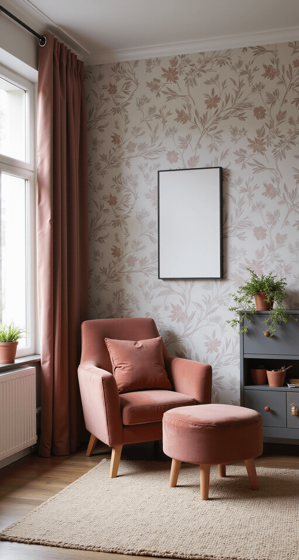 L-vormige babykamer in middaglicht met een accentmuur van roestbruin botanisch behang, een modern grijs ledikant, oudroze velours fauteuil, gehaakte poef, bamboe rolgordijnen, en een juten vloerkleed. Zwevende planken met terracotta plantenpotten in een moderne-botanische sfeer, gezien vanuit vogelperspectief gericht op de zithoek.