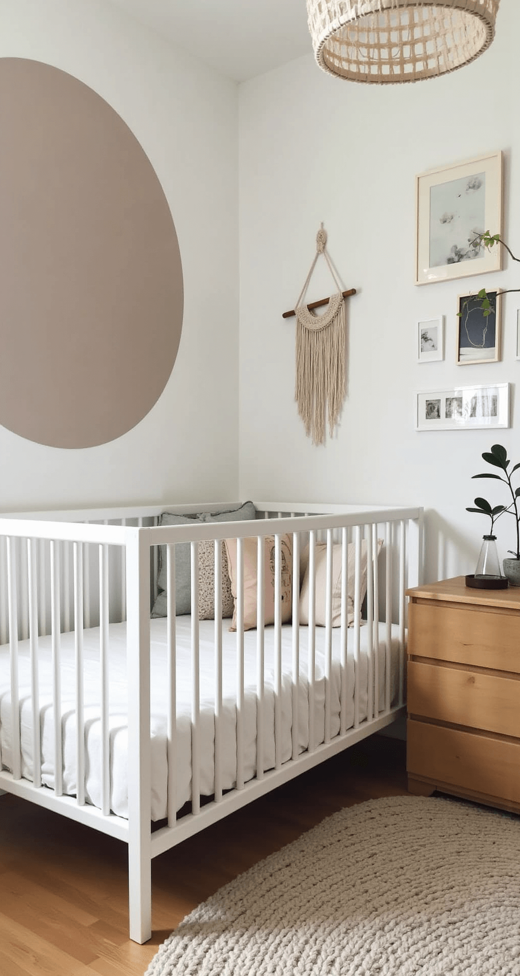 Compacte babykamer (3x3m) met ochtendsfeer, roestbruine cirkel op hoofdmuur, wit spijlenbedje met natuurlijk linnen beddengoed, rieten opbergmand, houten commode met koperen handgrepen, macramé mobile boven ledikant, kleine gallery wall met vintage prenten, gefotografeerd vanaf de deur met zacht morgenlicht.