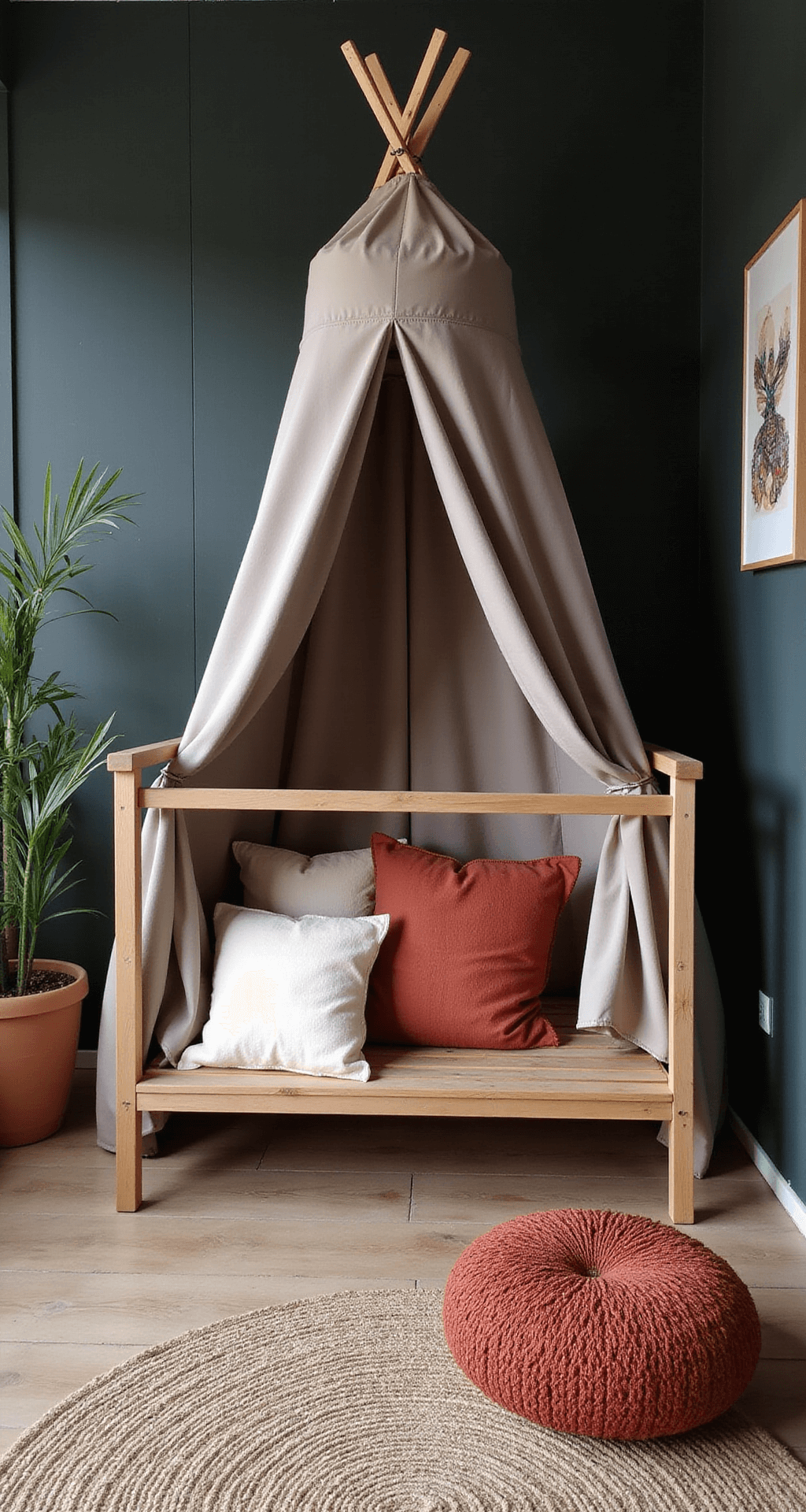 Ruime hoekbabykamer met roestbruine en zachtgrijze wanden, donker houten ledikant met een beige hemeltje, een rotan schommelstoel met crème kussen, een Berber tapijt in natuurtinten, en een grote monstera in een terracotta pot, verlicht door strijklicht uit de ramen met een rieten lampenkap die organische schaduwen werpt.