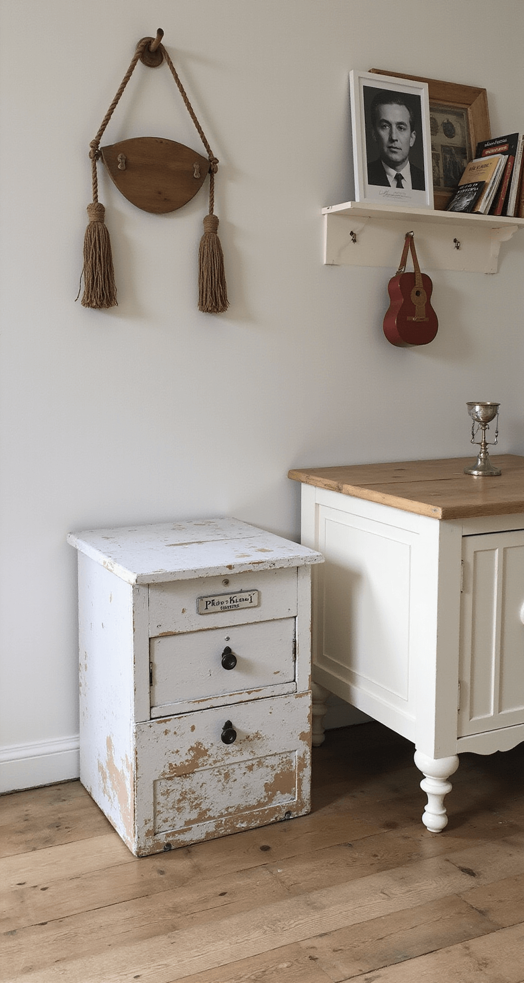 Zolderbabykamer met dakramen, roestbruine lambrisering, wit metalen ledikant, vintage commode in vergrijsd hout, rieten speelgoedmand, linnen gordijnen in zandtint, wandrek met houten speelgoed en boeken, laag standpunt richting dakraam met natuurlijk bovenlicht.