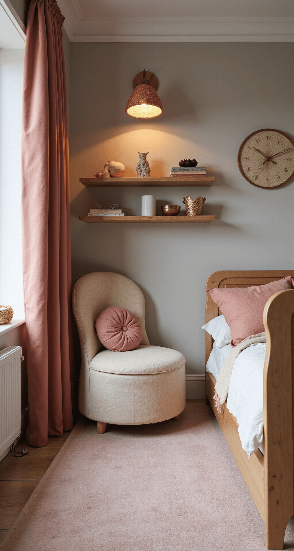 Elegante babykamer met roestbruine wand en crème halfronde boog, natuurlijk houten ledikant met linnen hemel, oudroze fluwelen voedingsstoel, rond juten vloerkleed en messing wandlampen met warm licht, vanuit een hoek genomen op ooghoogte.