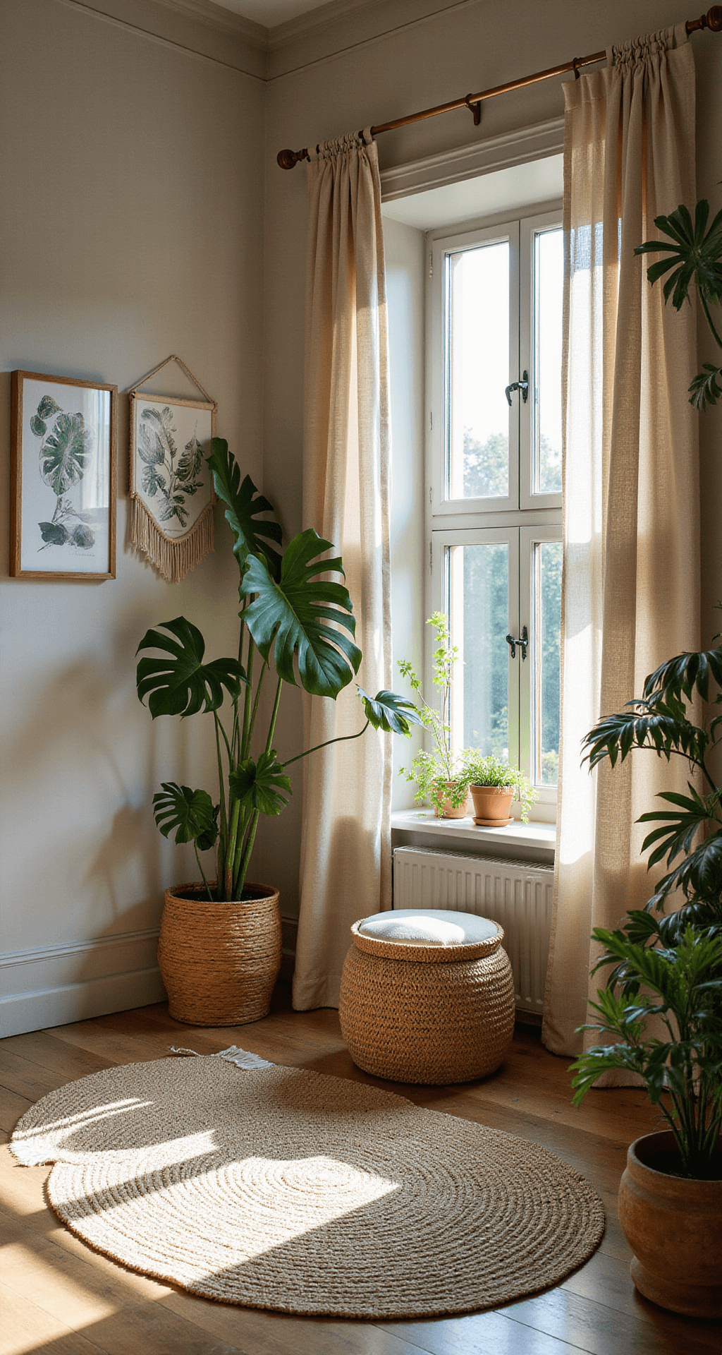 Een sfeervolle babykamer in jungle-thema met een naturel houten ledikant, grote monstera wandstickers, een rotan schommelstoel, botanische prints en een sisal vloerkleed, badend in zacht natuurlijk licht.