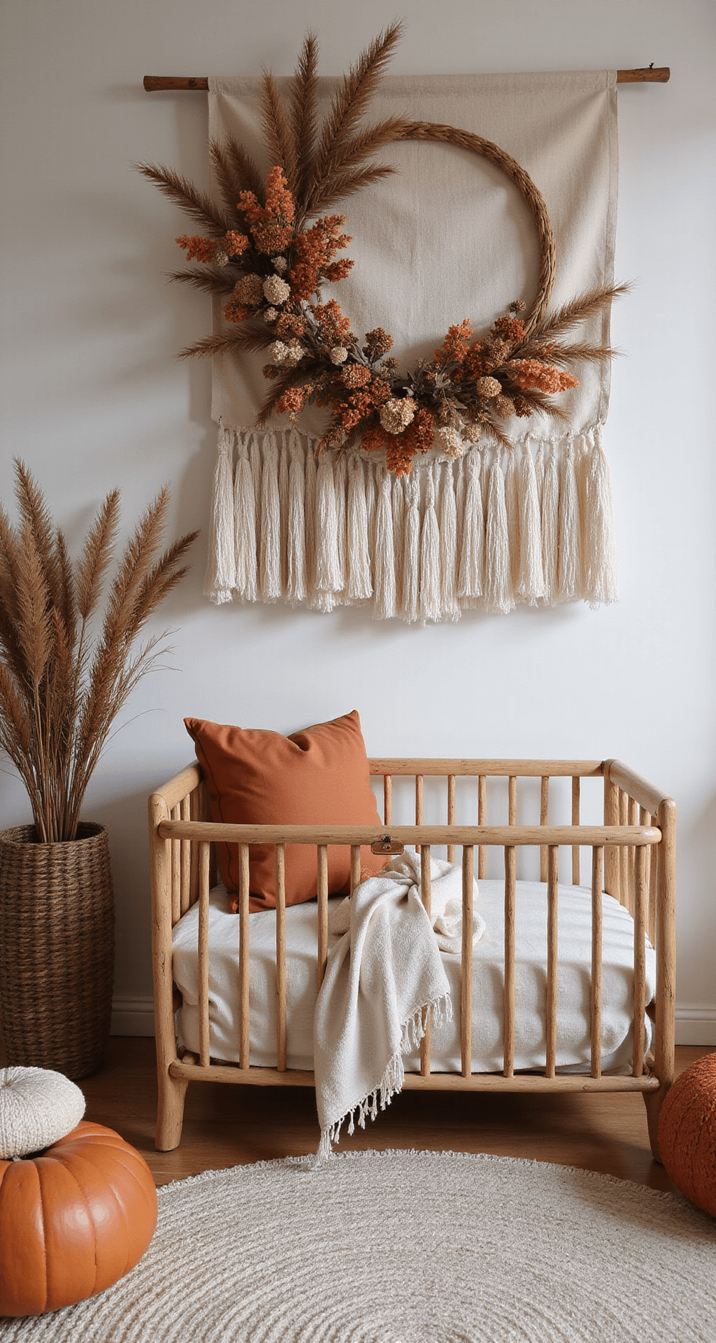 Intieme boho-chic babykamer met vintage rotan wieg, warme schaduwen van het schuin dakraam, en gedrapeerde handgeweven deken in terracotta tinten. Aardewerk vazen met droogbloemen en een geometrisch geweven tapijt.