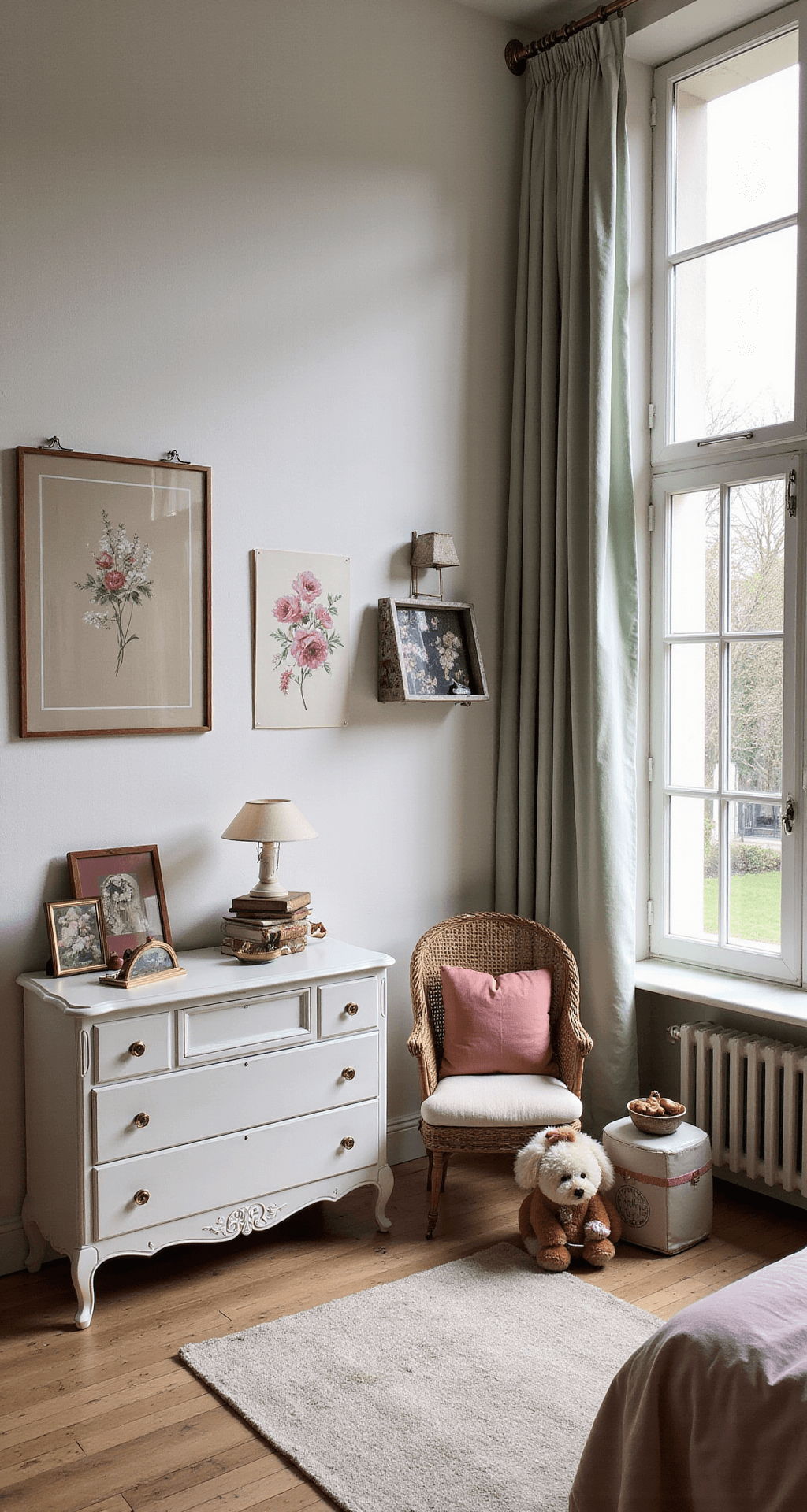 Klassieke vintage babykamer met hoge ramen en kanten gordijnen die zacht morgenlicht filteren. Een statige witte commode met vintage speelgoed, een Franse spijlenwieg in zachtroze met handgeborduurde dekentjes, subtiele bloemenprint op de muren, en een kristallen kroonluchter, gefotografeerd vanuit een hoog standpunt. Kleurenpalet in oudroze, poedergrijs, roomwit en zachtmint.
