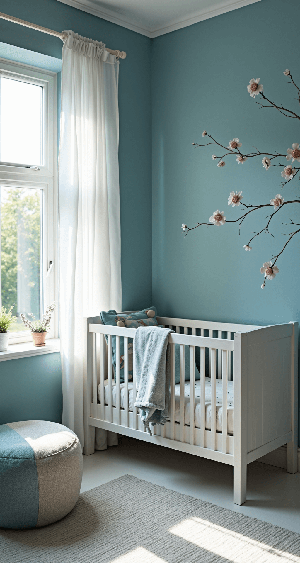 Babykamer in oceaanthema met grote ramen en golvende gordijnen, wit ledikant met gebogen lijnen, mobiel van zilveren zeesterren en schelpen, wandschildering in aquareltinten, rond vloerkleed als 'waterplons', en schommelstoel in zeeblauw linnen, gefotografeerd in middaglicht met focus op lichtreflecties. Kleurenpalet: oceaanblauw, parelmoer, aqua en zandwit.