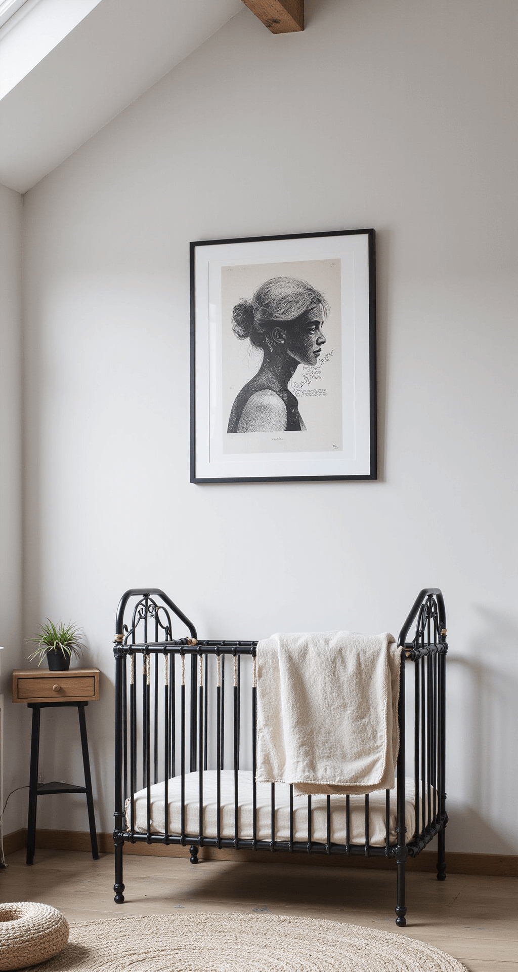 Moderne neutrale babykamer van 3.5x3.5m in schemerlicht met minimalistisch zwart stalen raam en linnen rolgordijn, zwart-wit ledikant met geometrische patronen, zachte natuurtinten, abstracte zwart-wit prints en Scandinavisch design opbergsysteem, en een wollig hoogpolig tapijt, gefotografeerd met dramatische schaduwwerking.