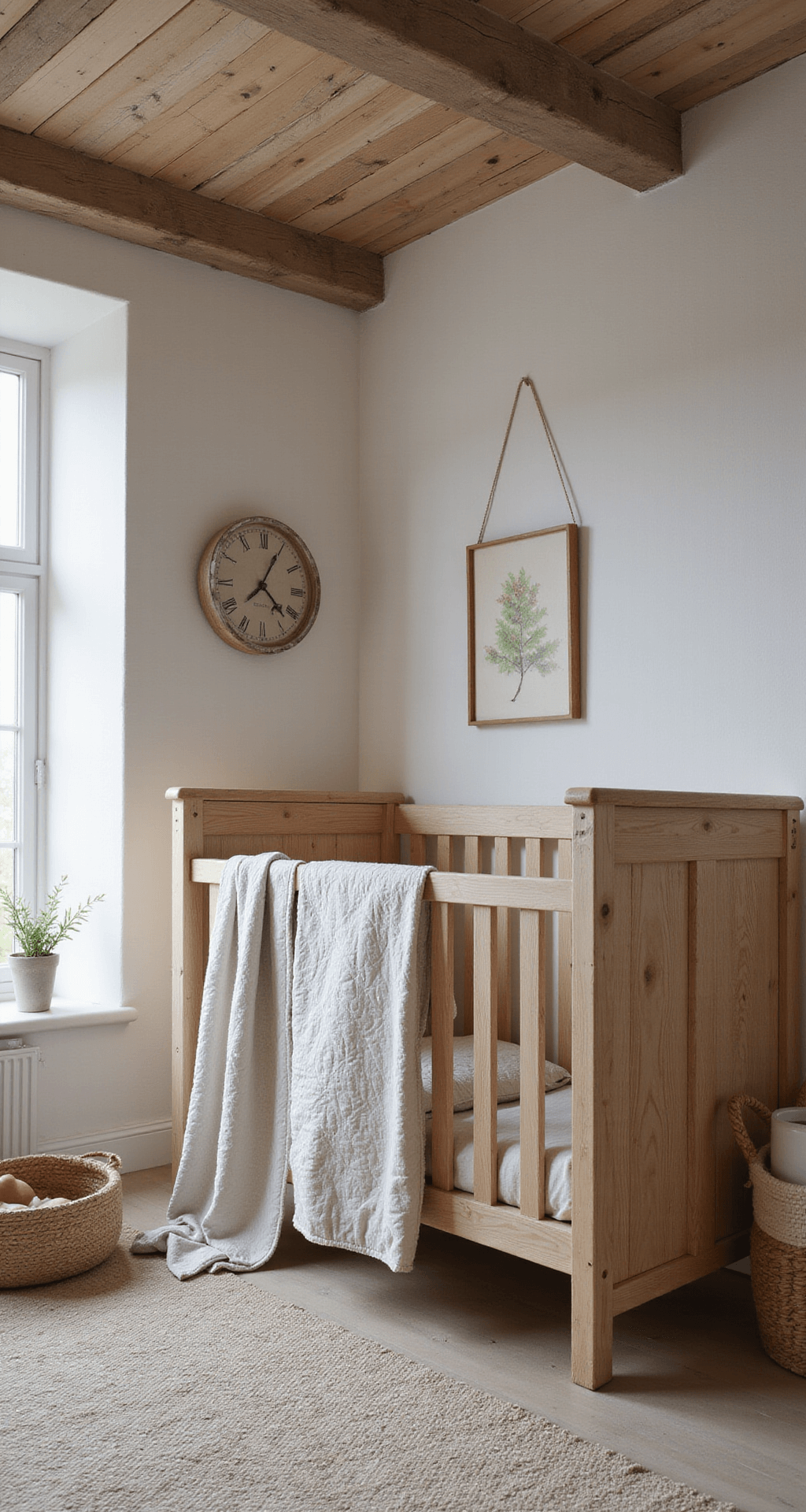 Rustieke babykamer met houten erker en linnen gordijnen in natuurtint, massief houten ledikant met handgemaakte quilts, oude houten ladder en rieten manden, geweven wandkleed boven commode, warme natuurlijke belichting en een kleurenpalet van honinghout, crème, lichtgrijs en vanille.