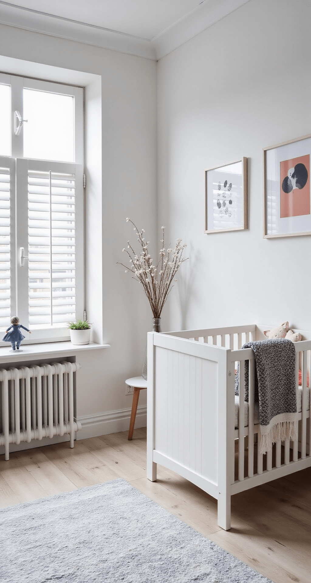 Scandinavische babykamer met grote raampartij, witte shutters, licht berken ledikant en geometrisch beddengoed, zwart-wit tekeningen in dunne frames, minimalistisch speelkleed, designstoel in zachtgrijs en opbergboxen in pasteltinten, verlicht in ochtendlicht.