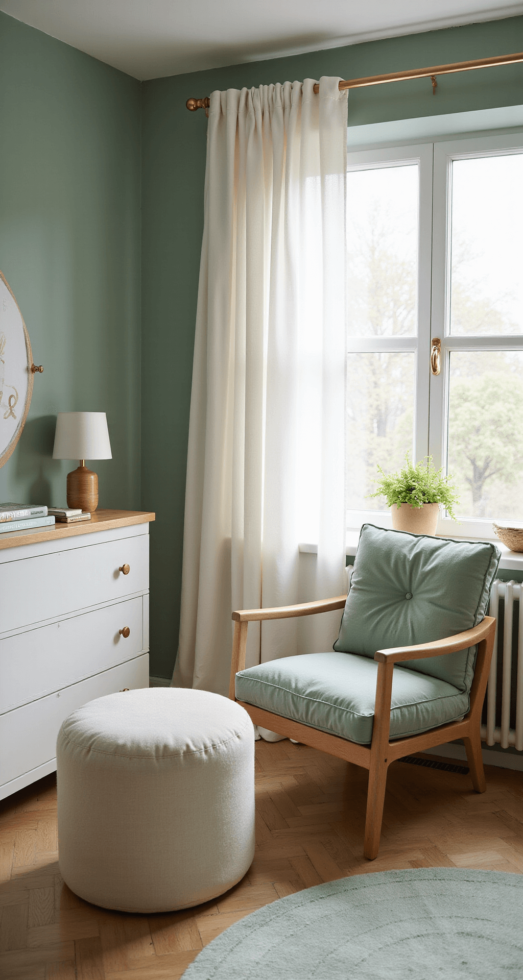 Ruime babykamer met mintgroene muren, een naturel houten ledikant, en een konijnvormig nachtlampje dat zacht licht uitstraalt. Een grote raam met voile gordijnen en pastelgekleurde textielen creëren een serene, dromerige sfeer tijdens de schemering.