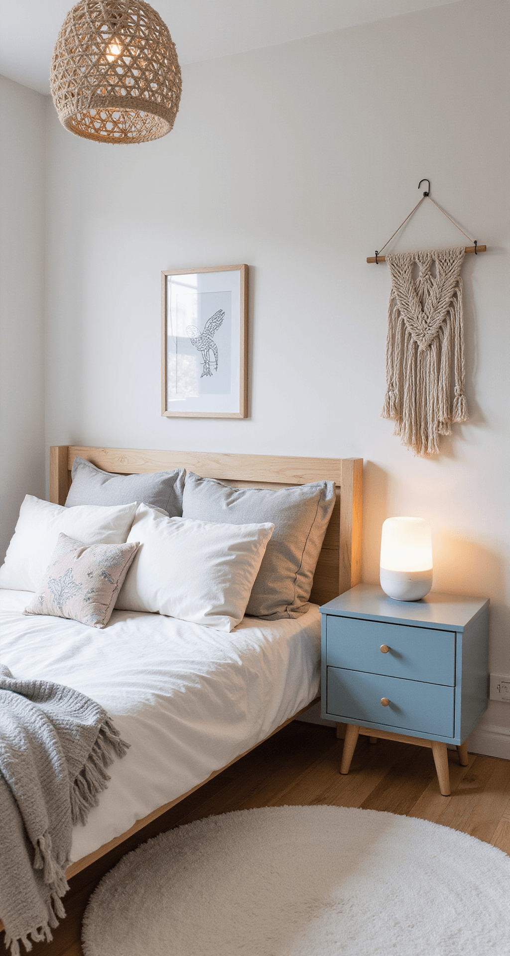 Ochtendscène in een L-vormige kinderkamer met Scandinavische stijl, lichtblauw nachtkastje met Numsy Lumi nachtlampje, crème boxkleed met grijze stippen, rieten opbergmanden, en macramé wandhanger, gefilterd zonlicht door bamboe rolgordijnen. Vogelperspectief benadrukt de ruimtelijke indeling.