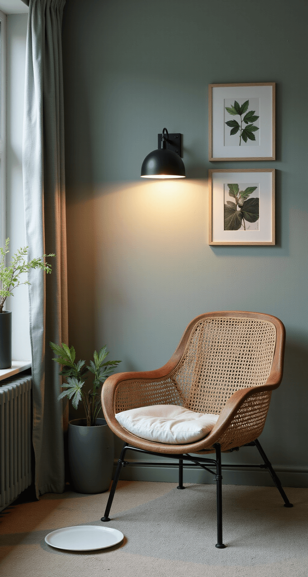 Sfeervolle babykamer met een Capybara LED-lamp die een zachte gloed verspreidt op een sage-groene muur, modern minimalistisch ingericht met zwart-wit contrasten, een rotan hangstoel en botanische prints.