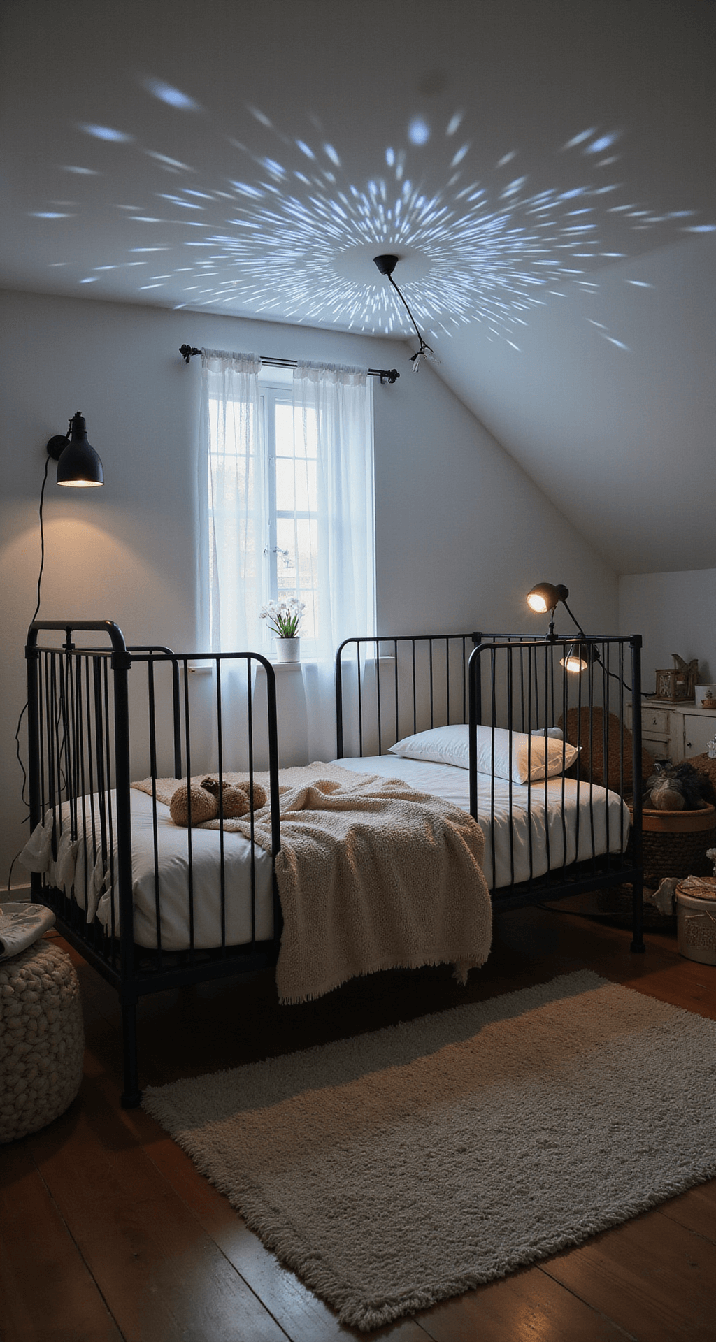 Een mysterieuze babykamer in nachtsetting met schuine wanden, voorzien van een zwart metalen ledikant met transparante hemelbekleding. Een USB-aangedreven sterrenprojectie danst over de witte muren, terwijl fluwelen kussens, een berber vloerkleed en linnen gordijnen de ruimte vullen met zachte textielen. Het beeld is vanaf de deurpost genomen.