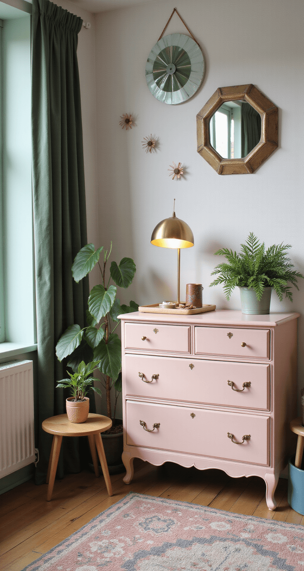 Ochtendschemering in een kinderkamer met erker, dimbaar LED-nachtlampje op blush-roze commode, cipresgroene lambrisering, art-deco elementen, vintage perzisch tapijt, fluwelen poef, messingen plantenstandaards en gestileerde wolkjes mobile boven French-colonial ledikant.