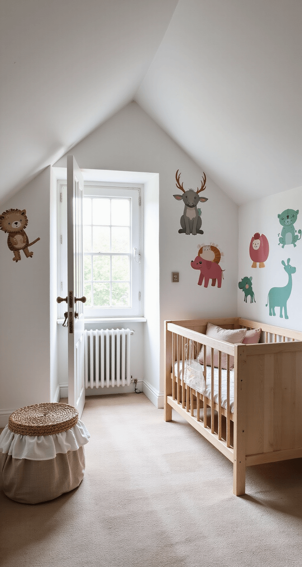 Ruime vierkante babykamer met witte muren en handgeschilderde safari-dieren muurstickers, lichthouten ledikant met poederroze en mintgroene accessoires, vintage rotan schommelstoel, doorschijnende linnen gordijnen, zacht beige hoogpolig tapijt en natuurlijk daglicht dat de ruimte verlicht.