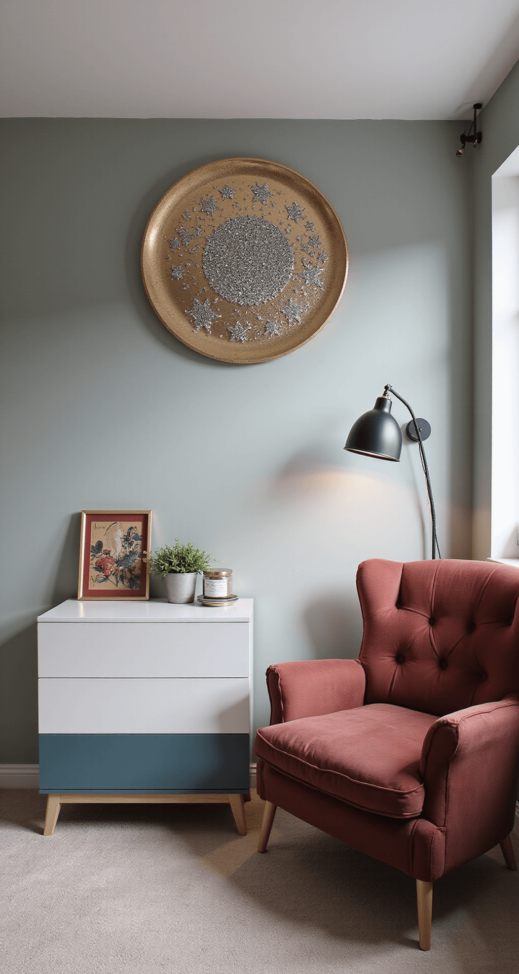 Intieme babykamer met accent muur en muursticker van een nachthemel, modern wit ledikant, petrolblauwe commode, oudroze velours fauteuil en industriële wandlamp.