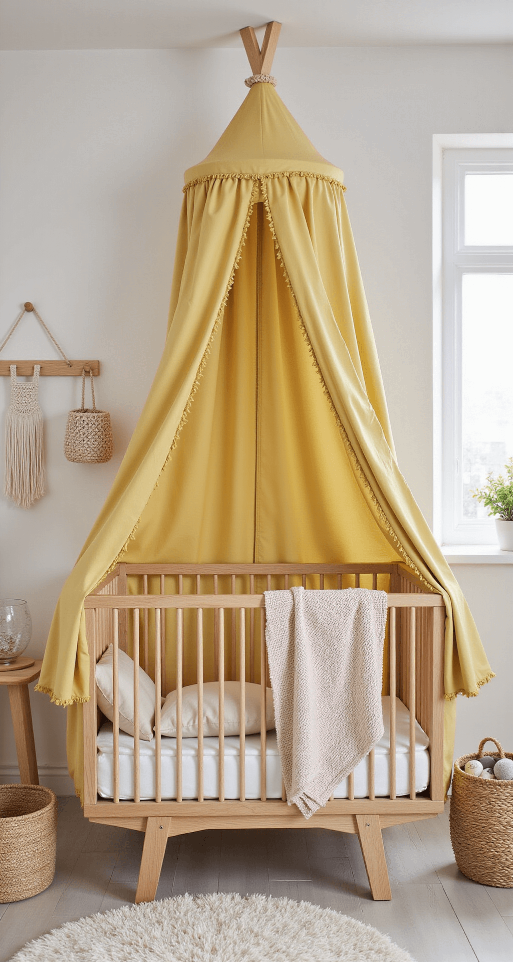 Lichte hoekbabykamer met natuurlijke houten meubels en linnen details, versierd met een boomtak muursticker en spelende bosdieren, verlicht door warm zacht avondlicht tijdens het gouden uur.