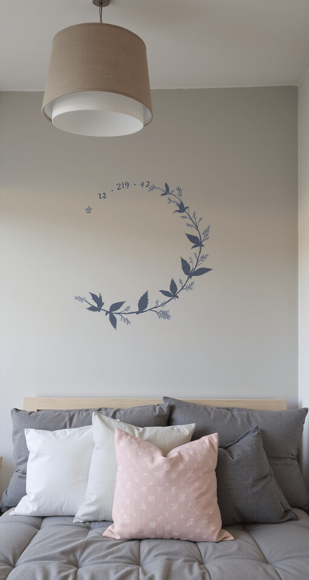 Ruime zolderkamer met dakramen, gevuld met middaglicht. Persoonlijke naam muursticker in kalligrafische stijl en zwevende vlinders. Het interieur heeft een wit-grijs kleurenschema met pastelroze accenten, zichtbaar schuin dak en balken. Een wolkenlamp en sterrenprojectie zorgen voor een sfeervolle ambiance, met zacht diffuus licht door translucente rolgordijnen.