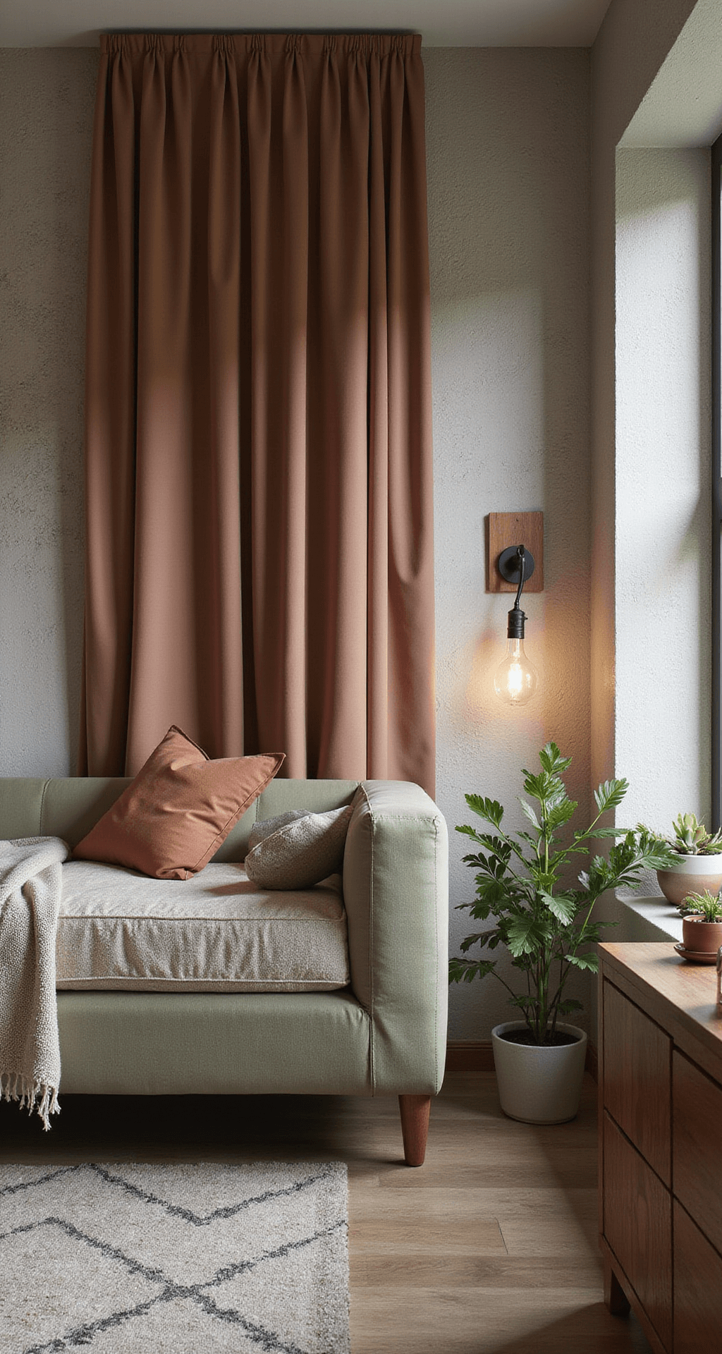 Moderne babykamer met geometrische bergen muursticker in aardetinten, zwart metalen ledikant met cognac leren details, betonlook muren en visgraat laminaat, verlicht door industriële wandlampen en dimbaar ambient light in terracotta en sage groen.