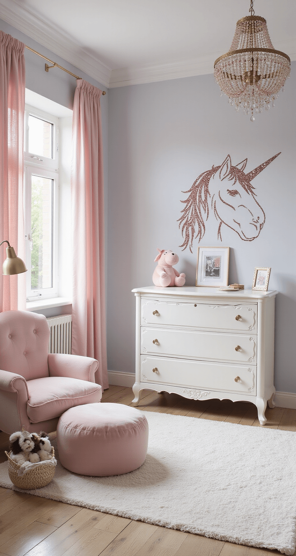 Klassieke babykamer in ochtendschemering met een sprookjesachtige unicorn muursticker, Franse antiek witte meubels, een tule hemel boven het wiegje, een kristallen kroonluchter, roze zijden gordijnen en een lichtgrijze fauteuil.