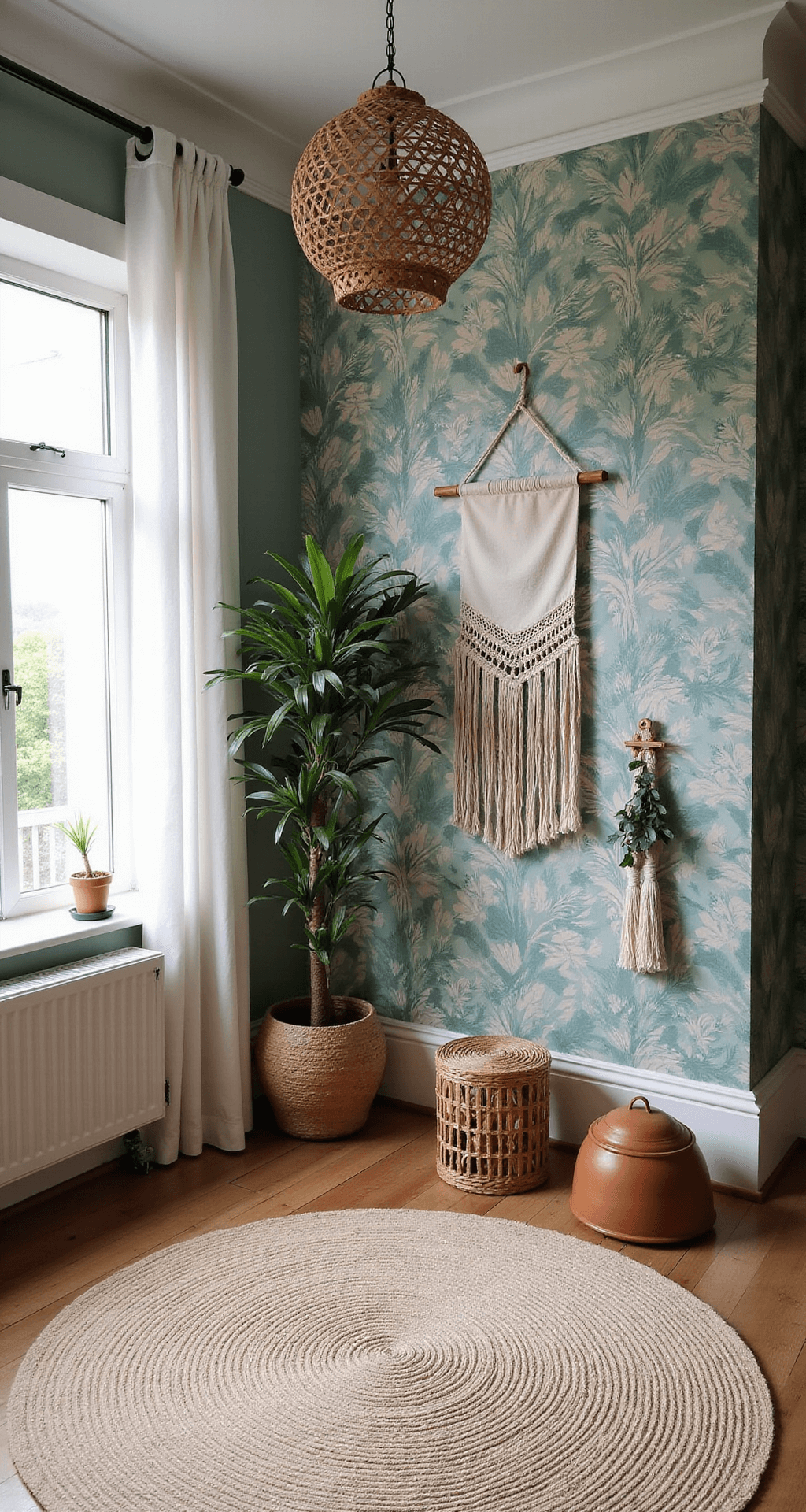 Een sfeervolle babykamer van 4x4m met hoog plafond, waar ochtendlicht door grote ramen valt. De focal wall is bedekt met botanisch jungleprint behang in groen. Centraal staat een naturel houten ledikant met een zandkleurig linnen hemeltje. Links een vintage rotan schommelstoel met terracotta kussen, en een macramé wandhanger met eucalyptustakken. De kamer heeft een rond juten vloerkleed van 2m diameter en is aangekleed met een handgemaakte mobiel, een rieten mand met dekens en een grote palmboom in een terracotta pot.
