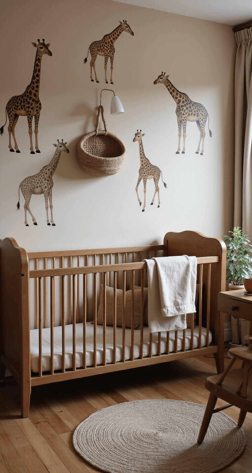 Intieme babykamer met safari-thema, beige handgeschilderde giraffen op de muren, een donker houten ledikant met okergele linnenbekleding, vintage leren poef, bamboe opbergmanden en een grote pluche leeuw in de hoek, verlicht met warm indirect licht van een vloerlamp.