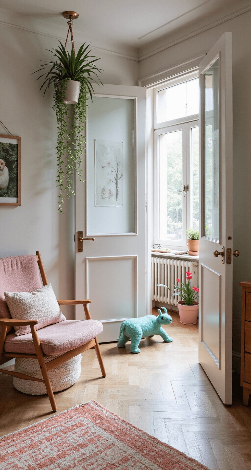 Lichte kinderkamer met tropische sfeer, featuring zachte roze accentmuur en metallic palmbladeren. Modern wit ledikant met natuurlijke textielen, rotan hangstoel met pastelkleurige kussens, en grote monstera in witte pot. Kristallen prisma's werpen regenboogaccenten, gefotografeerd door een deuropening om een dramatisch perspectief te creëren. Handgeweven wandkleed en glazen windlichten maken de inrichting compleet.